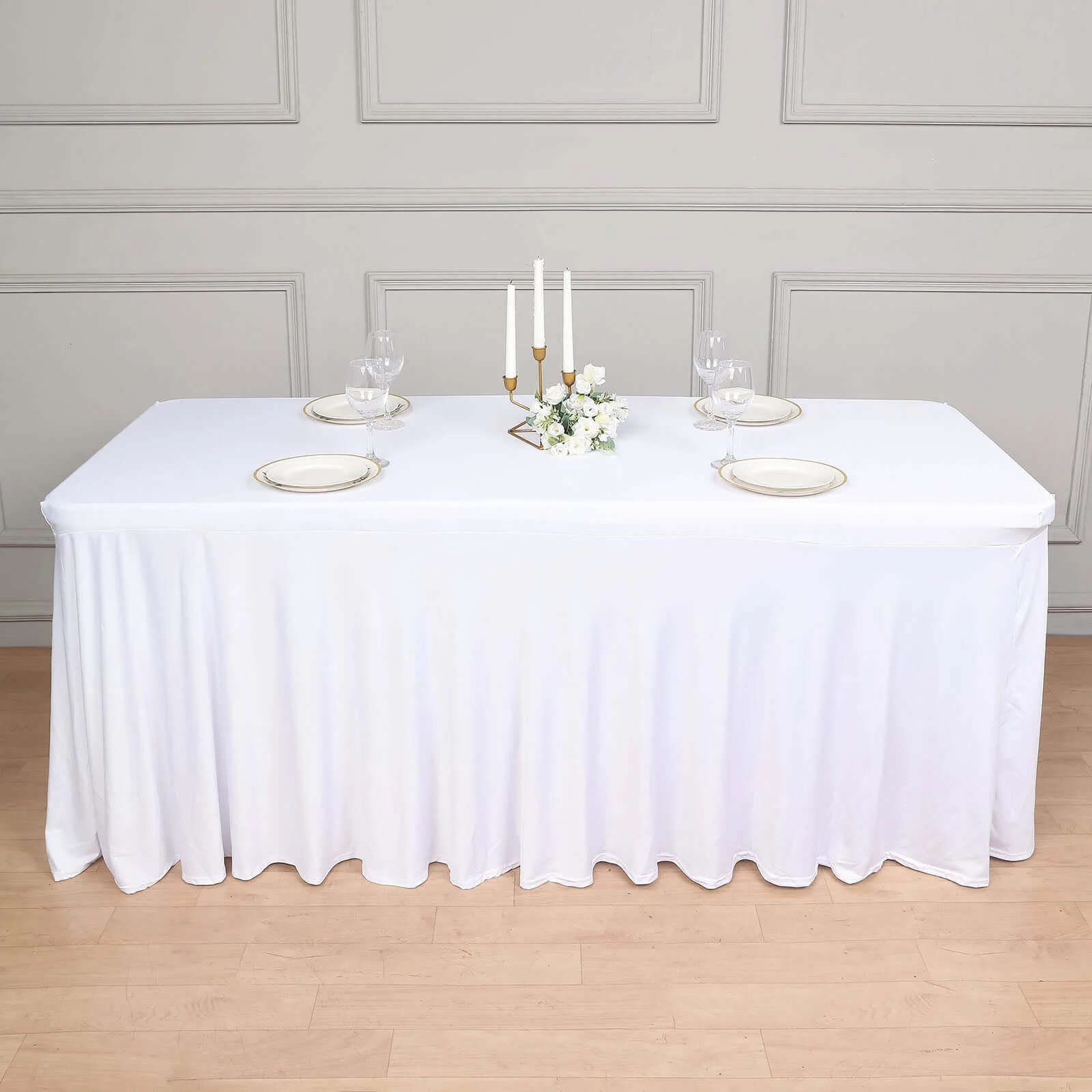 Spandex Rectangle Table Skirt 72"x30" White - Wavy Skirt-Like Effect Classy Table Cover for Trade Shows, Galas & Corporate Events - Image 5