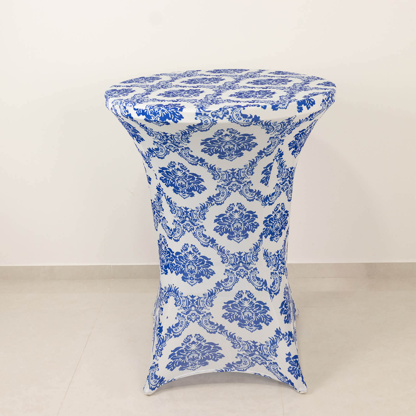 Spandex Round Cocktail Table Cover 30" Royal Blue Damask Highboy Tables - Easy to Maintain Stretch Fitted Tablecloth