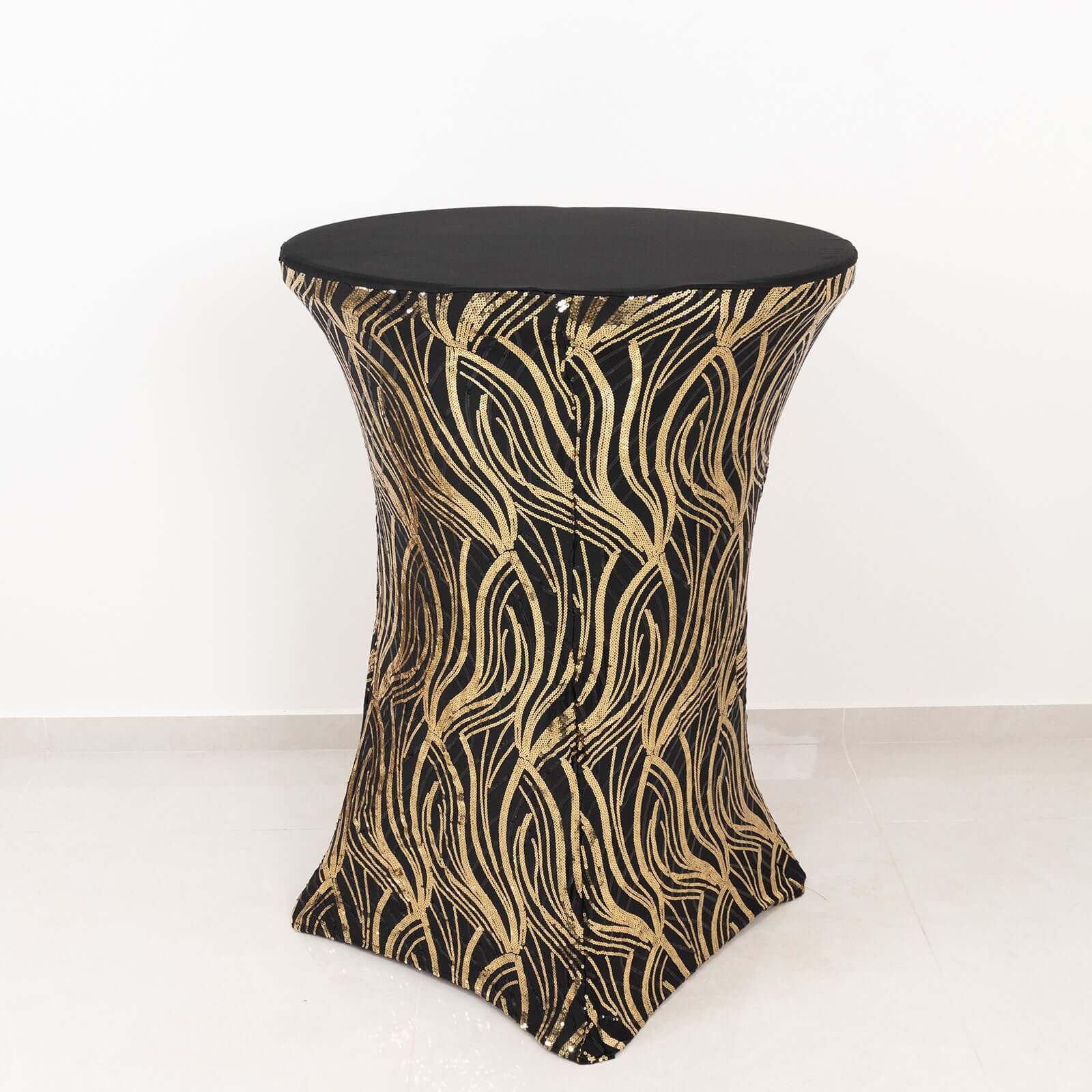 Spandex Round Cocktail Table Cover 30" Black/Gold with Wave Embroidered Sequins - Glamorous Design for Upscale Events - Image 3