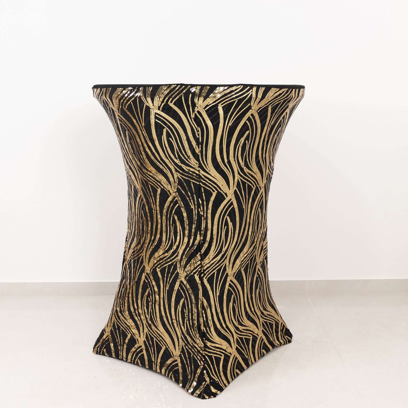 Spandex Round Cocktail Table Cover 30" Black/Gold with Wave Embroidered Sequins - Glamorous Design for Upscale Events - Image 4