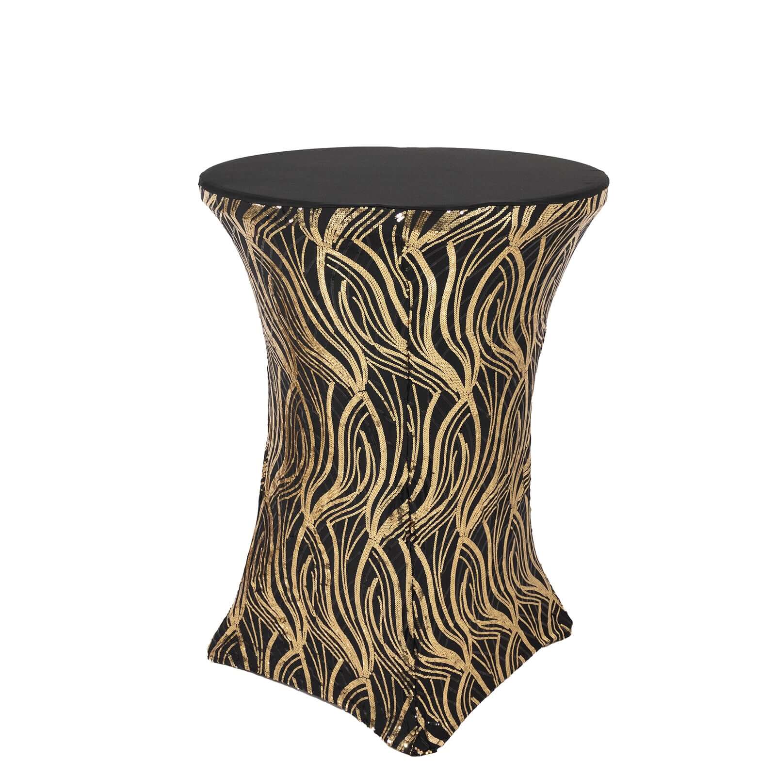 Spandex Round Cocktail Table Cover 30" Black/Gold with Wave Embroidered Sequins - Glamorous Design for Upscale Events - Image 8