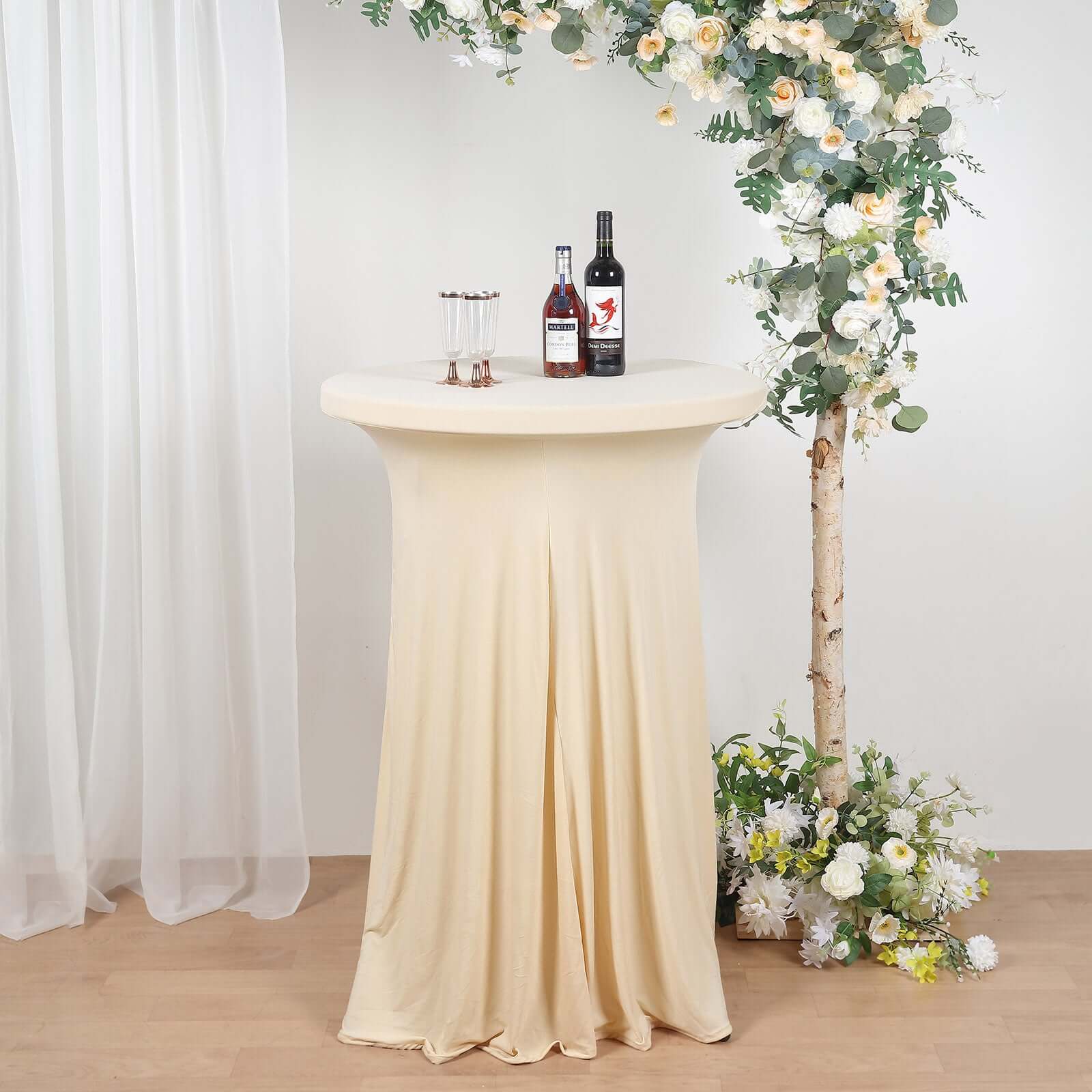 Spandex Round Cocktail Table Cover Skirt 30" Beige With Natural Wavy Drapes - Image 6