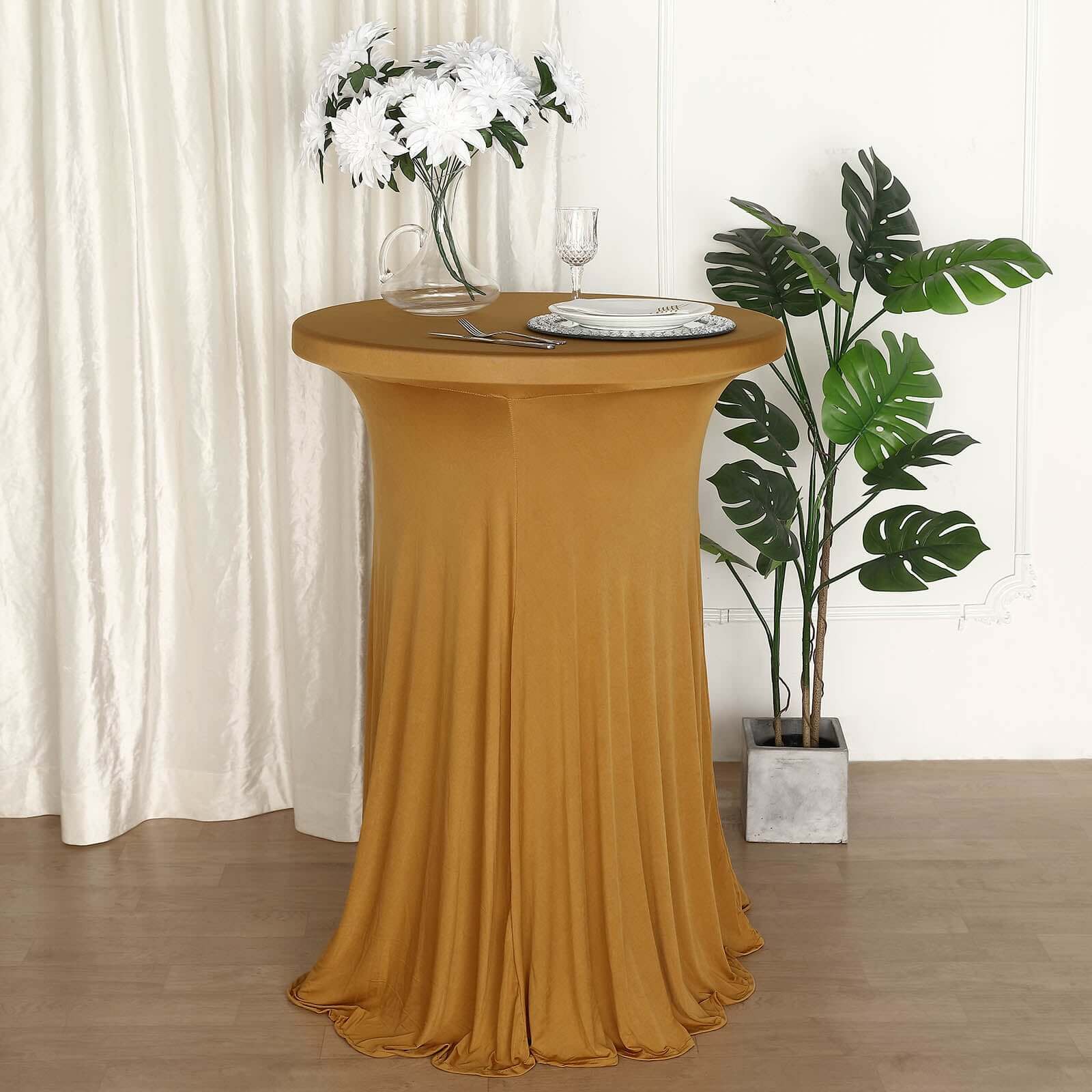 Spandex Round Cocktail Table Cover Skirt 30" Gold With Natural Wavy Drapes - Image 3