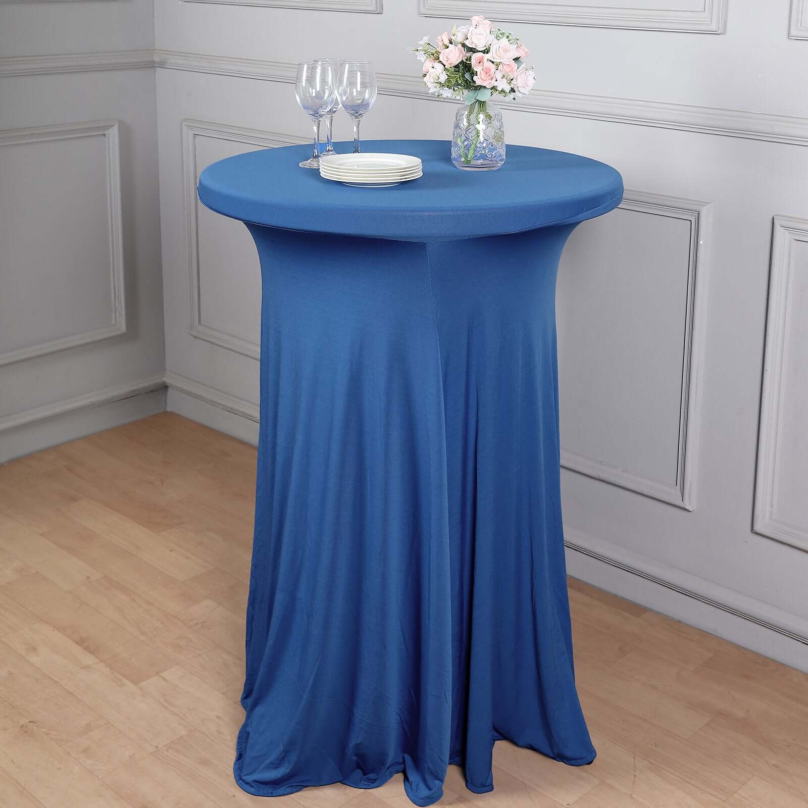 Spandex Round Cocktail Table Cover Skirt 30" Royal Blue With Natural Wavy Drapes - Image 3
