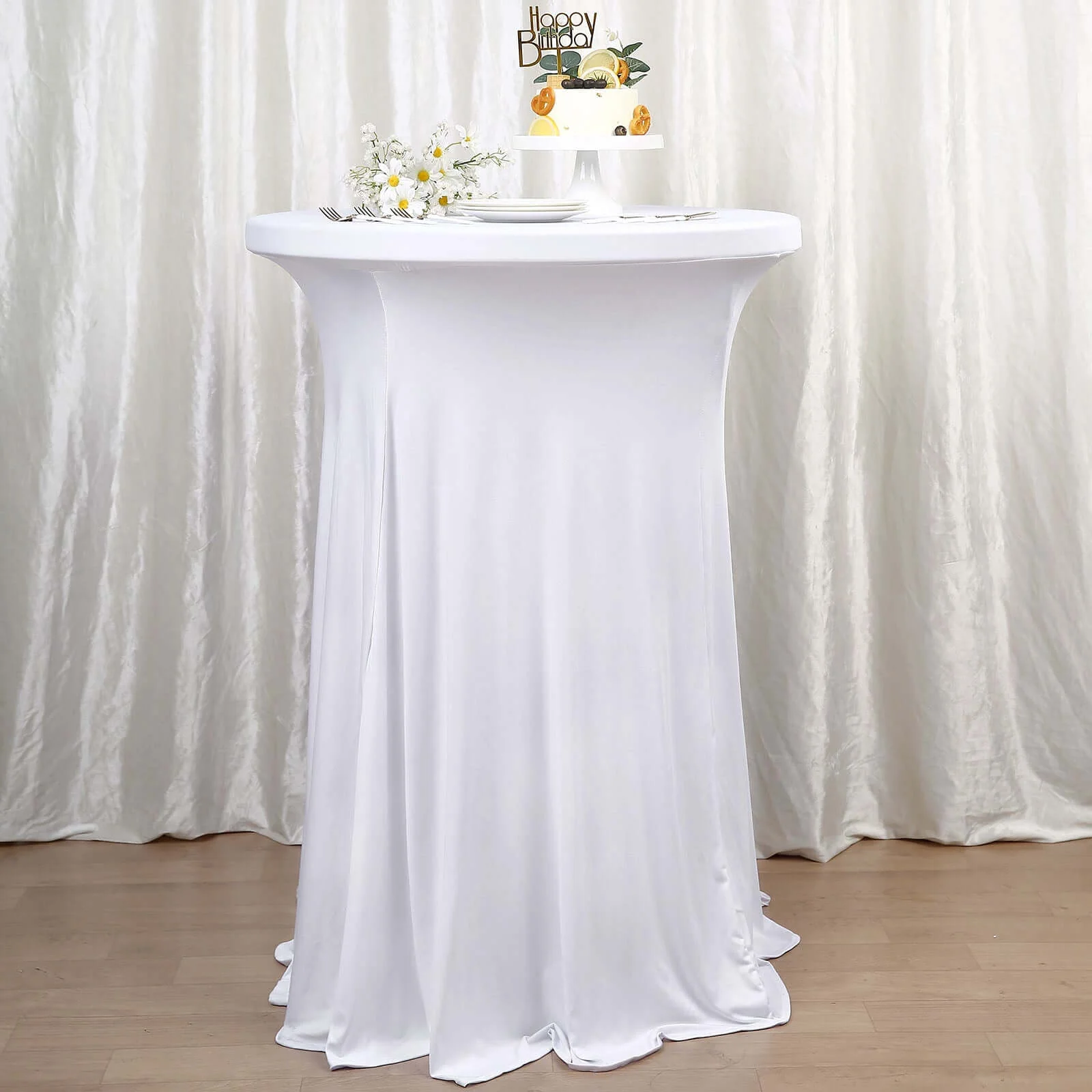 Spandex Round Cocktail Table Cover Skirt 30" White With Natural Wavy Drapes - Image 3