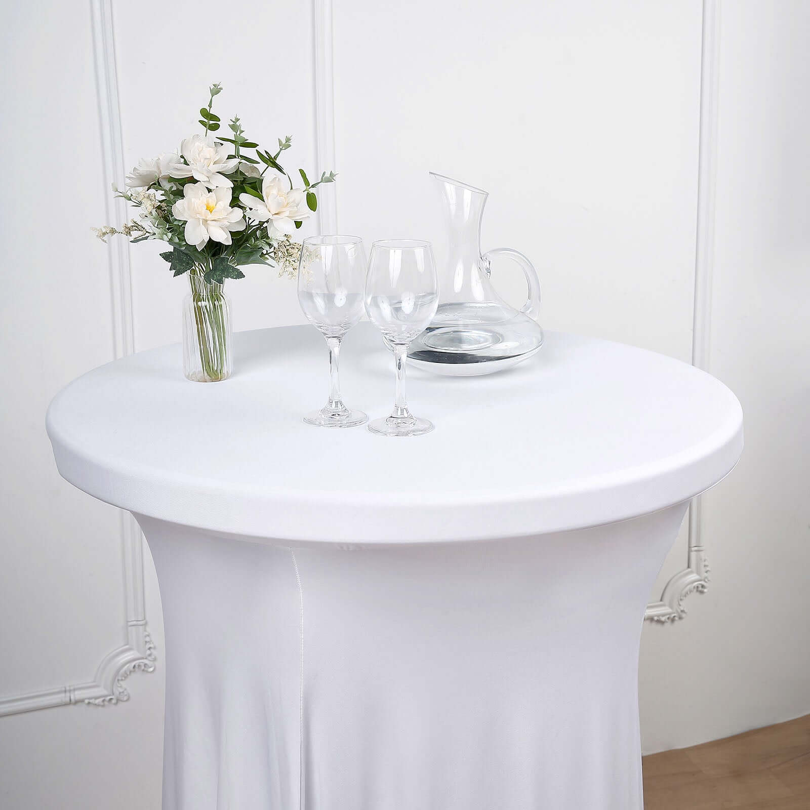 Spandex Round Cocktail Table Cover Skirt 30" White With Natural Wavy Drapes - Image 7