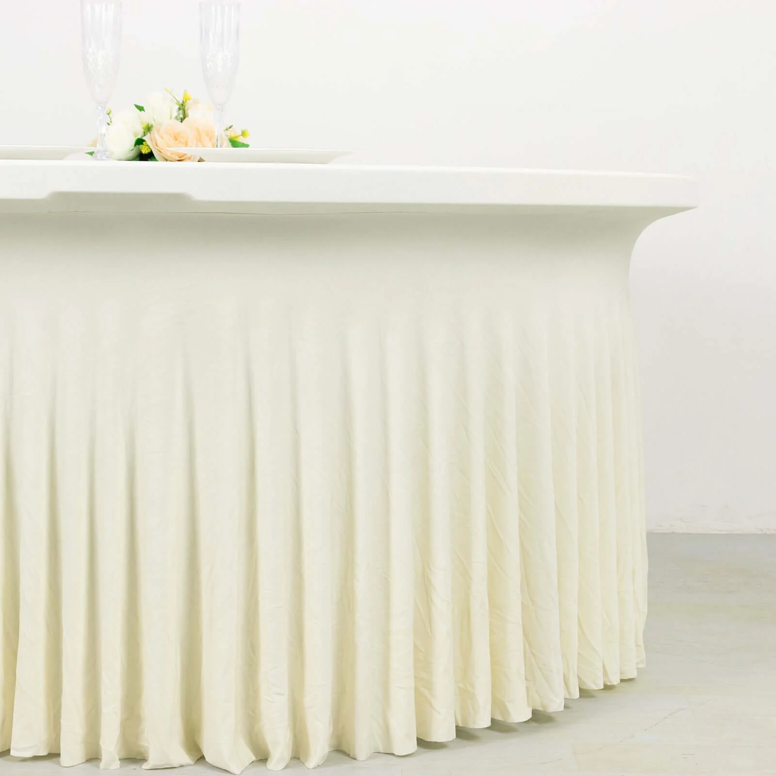 Spandex Round Tablecloth 5ft Ivory - Classy Table Cover Skirt with Ruffles - Image 2