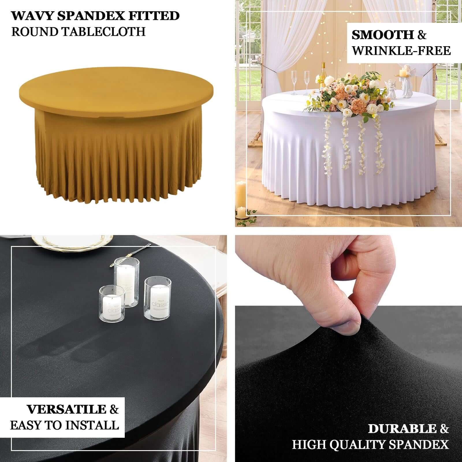 Spandex Round Tablecloth 5ft Ivory - Classy Table Cover Skirt with Ruffles - Image 4