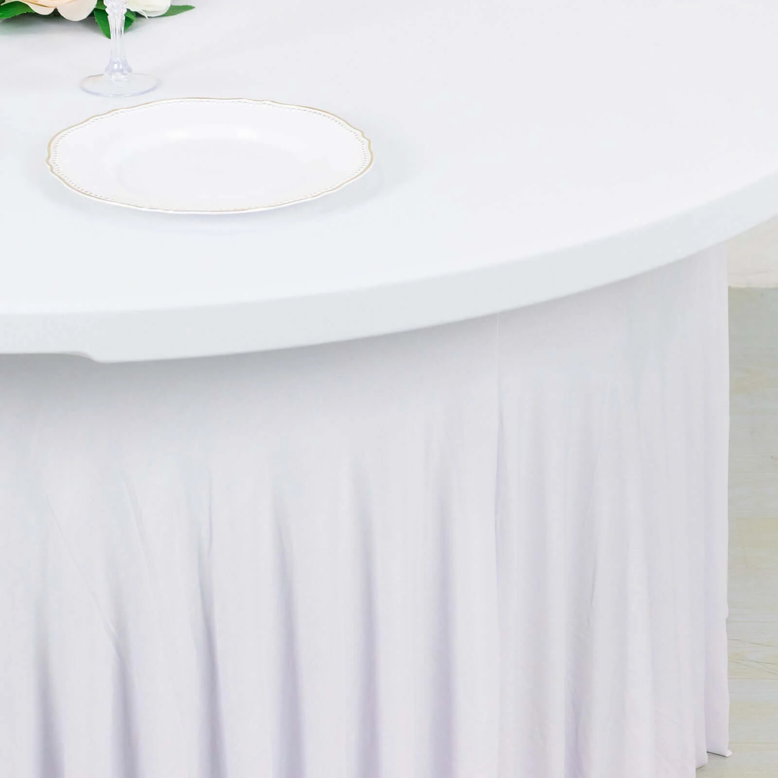 Spandex Round Tablecloth 5ft White - Classy Table Cover Skirt with Ruffles for Trade Shows, Galas & Corporate Events - Image 7