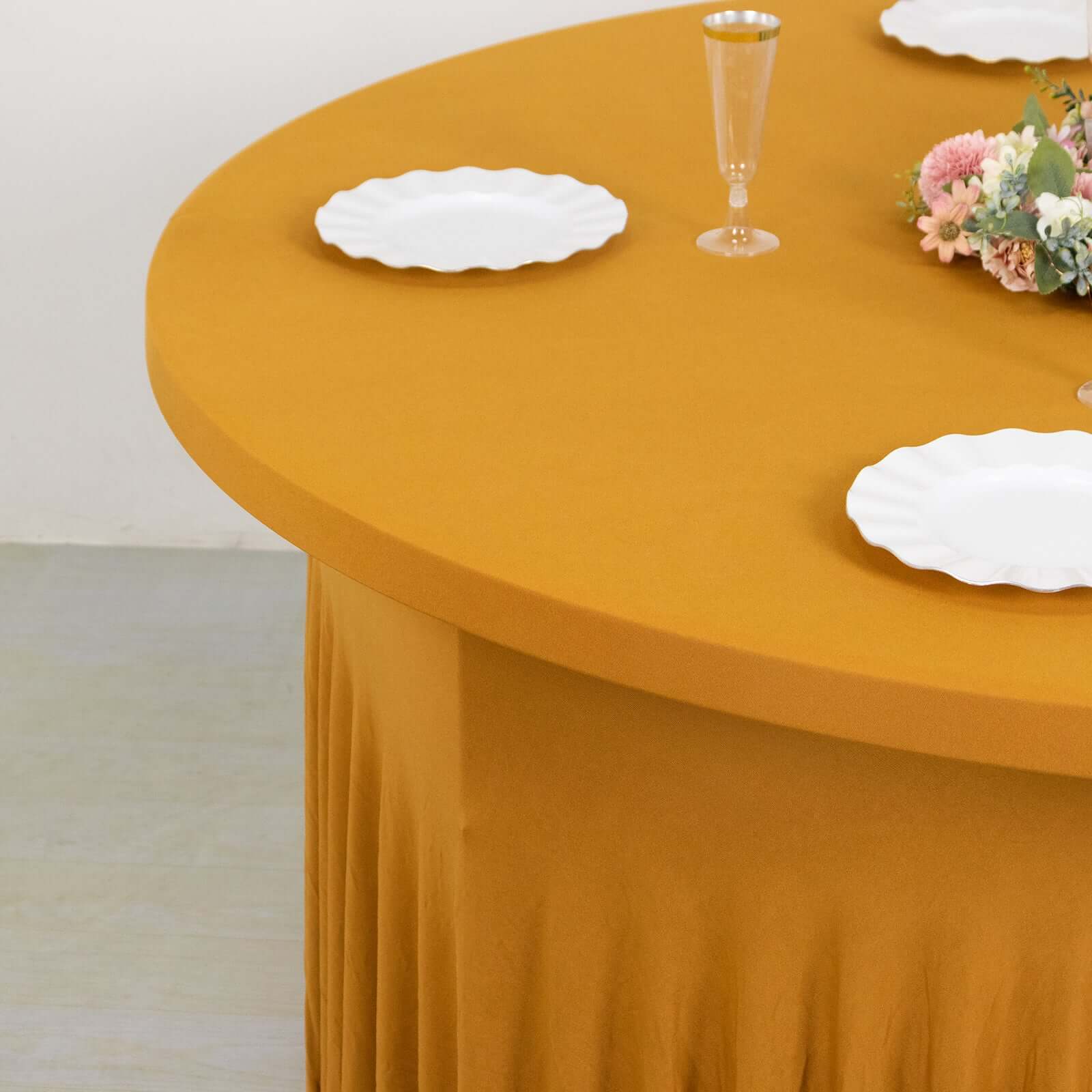 Spandex Round Tablecloth 6ft Gold - Classy Table Cover Skirt with Ruffles - Image 4