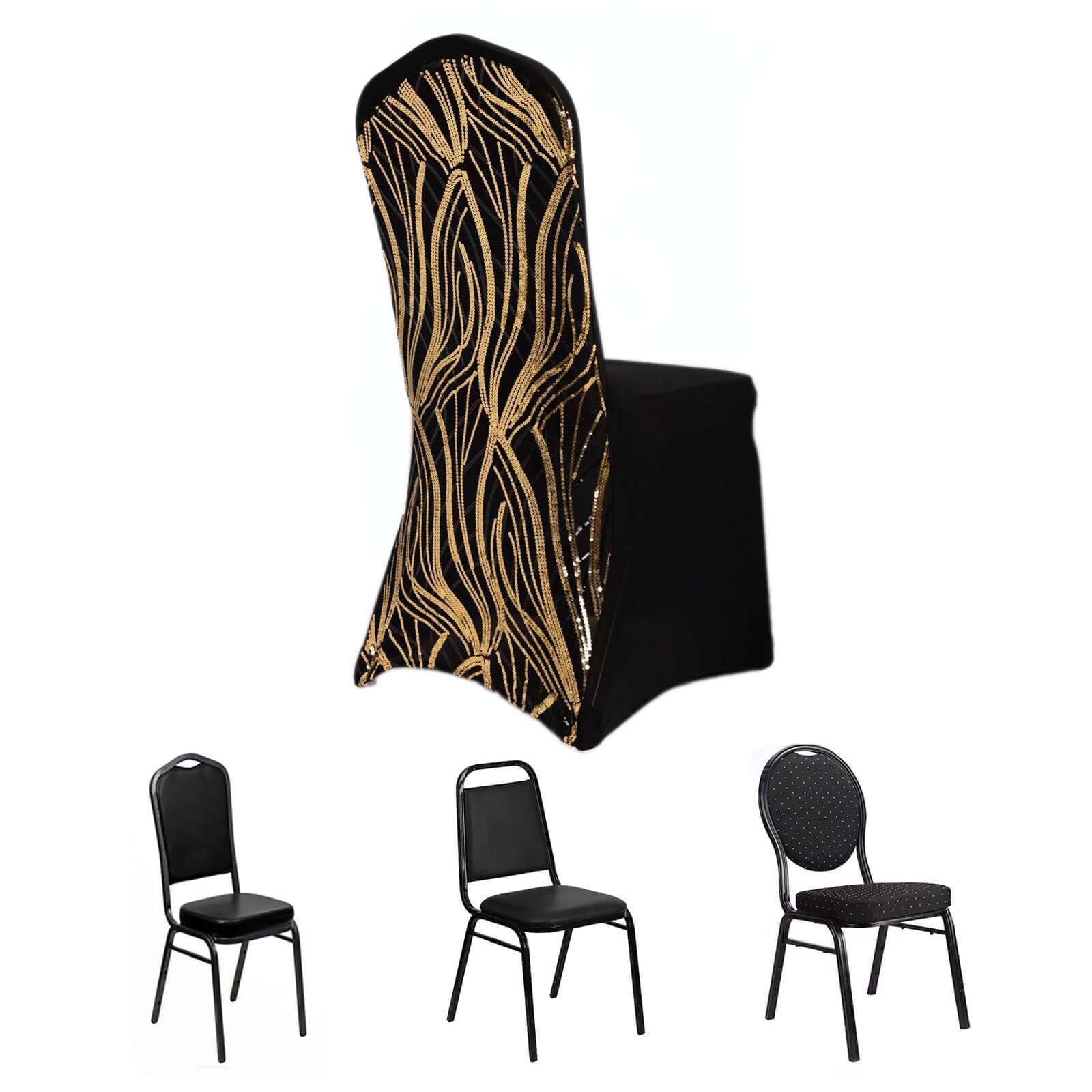 Spandex Stretch Banquet Chair Cover Black/Gold with Wave Embroidered Sequins - Fitted Slipcover