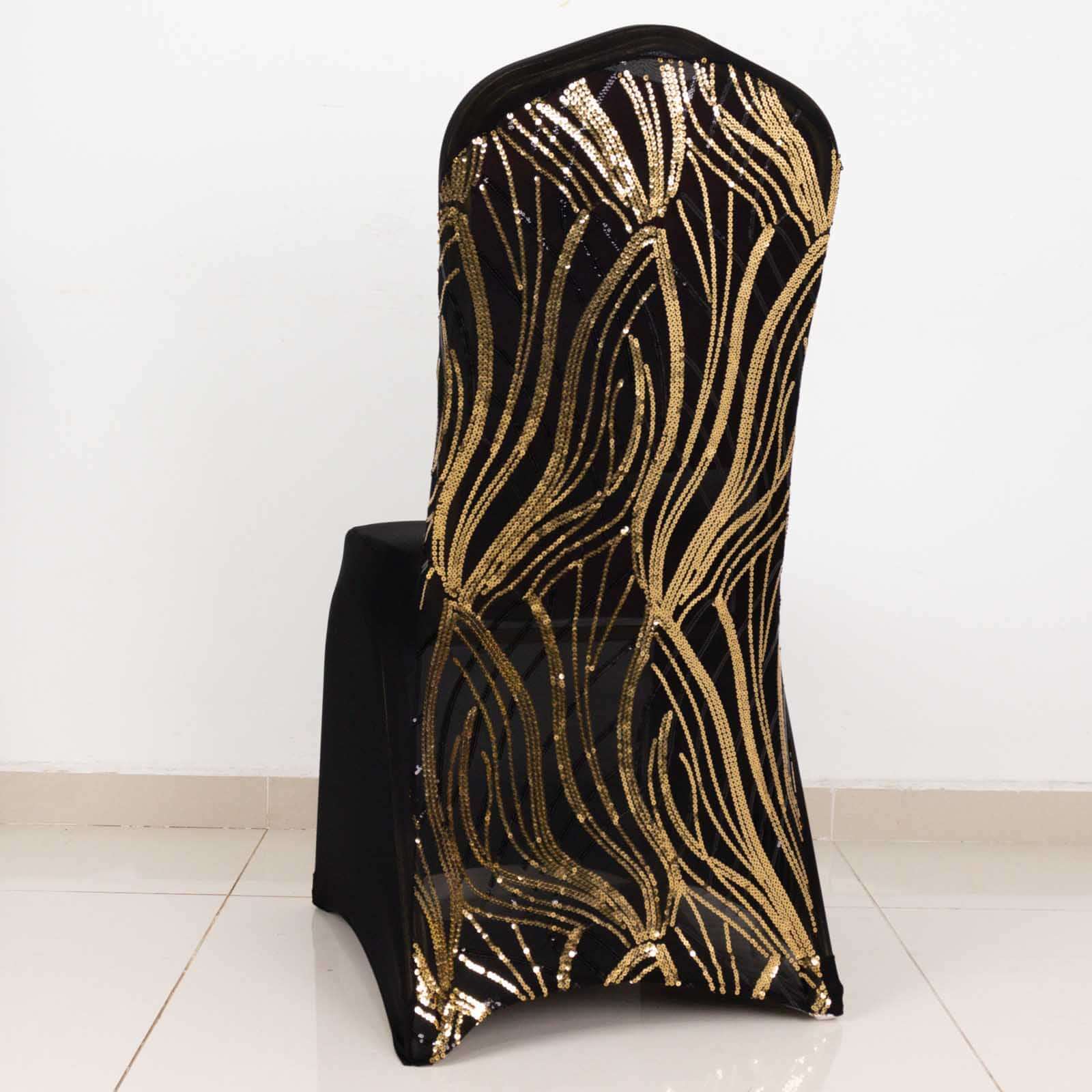 Spandex Stretch Banquet Chair Cover Black/Gold with Wave Embroidered Sequins - Fitted Slipcover - Image 3