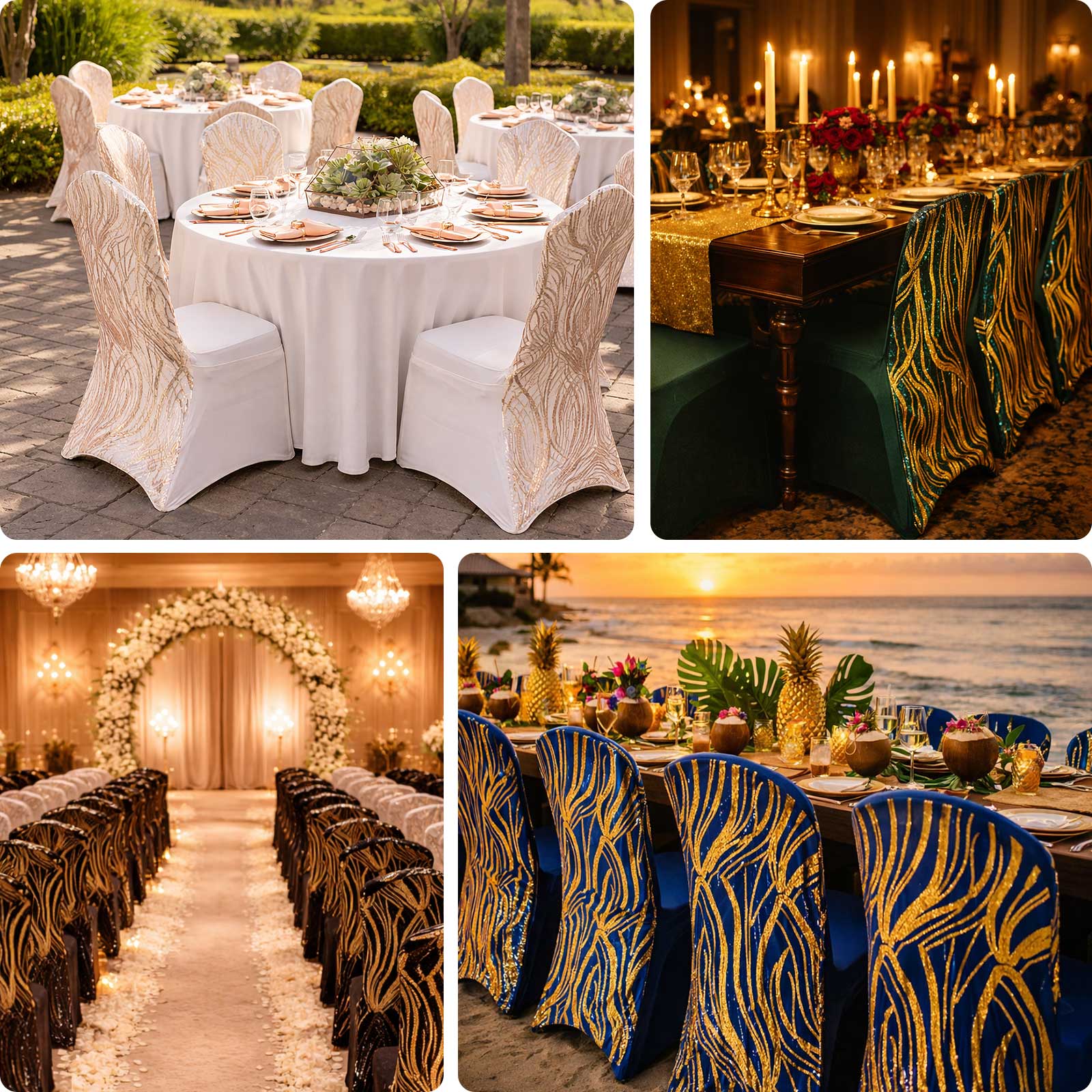 Spandex Stretch Banquet Chair Cover Black/Gold with Wave Embroidered Sequins - Fitted Slipcover - Image 5