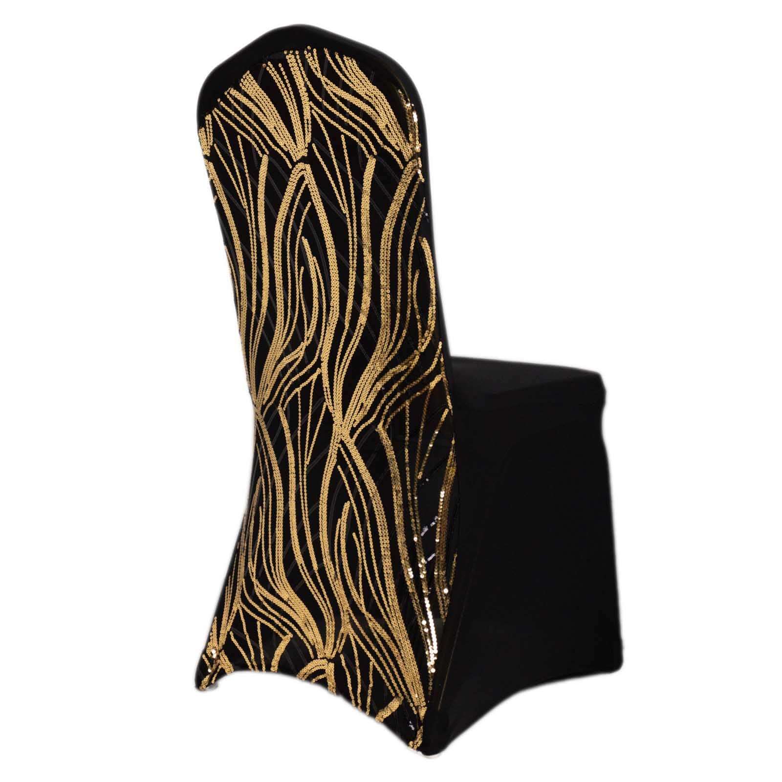 Spandex Stretch Banquet Chair Cover Black/Gold with Wave Embroidered Sequins - Fitted Slipcover - Image 6
