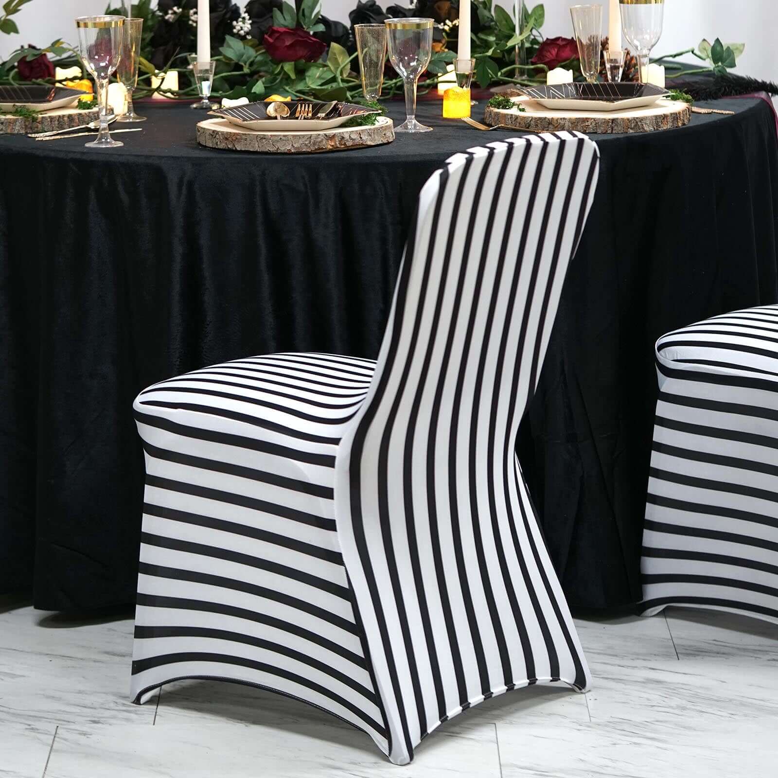 Spandex Stretch Banquet Chair Cover Black/White Striped with Foot Pockets - Stylish Fitted Slipcover for Modern Events - Image 2