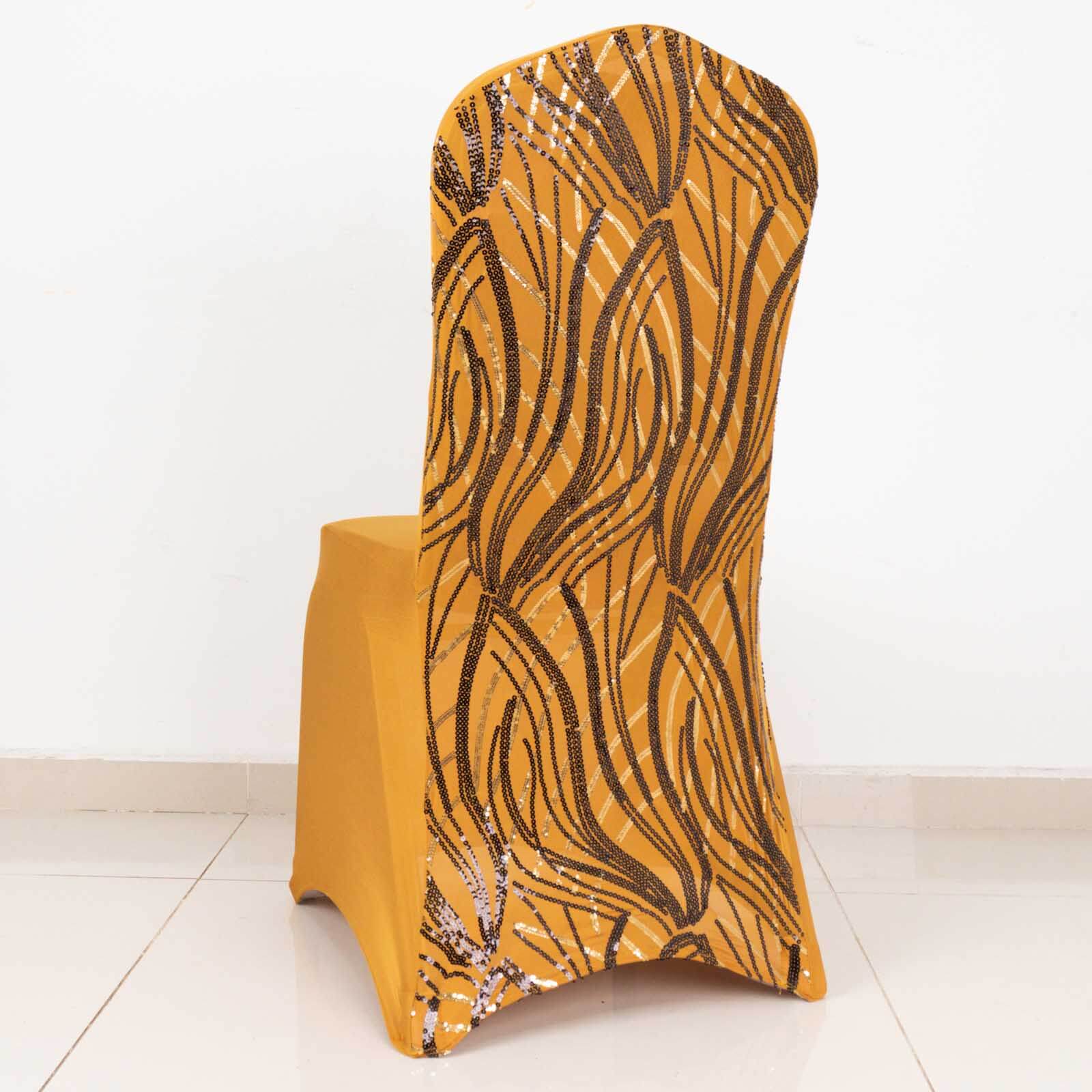 Spandex Stretch Banquet Chair Cover Gold/Black with Wave Embroidered Sequins - Fitted Slipcover - Image 3