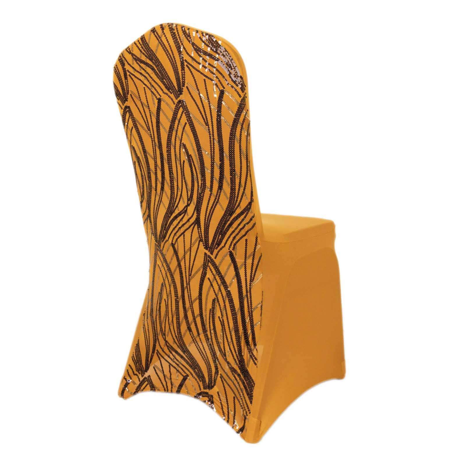 Spandex Stretch Banquet Chair Cover Gold/Black with Wave Embroidered Sequins - Fitted Slipcover - Image 8