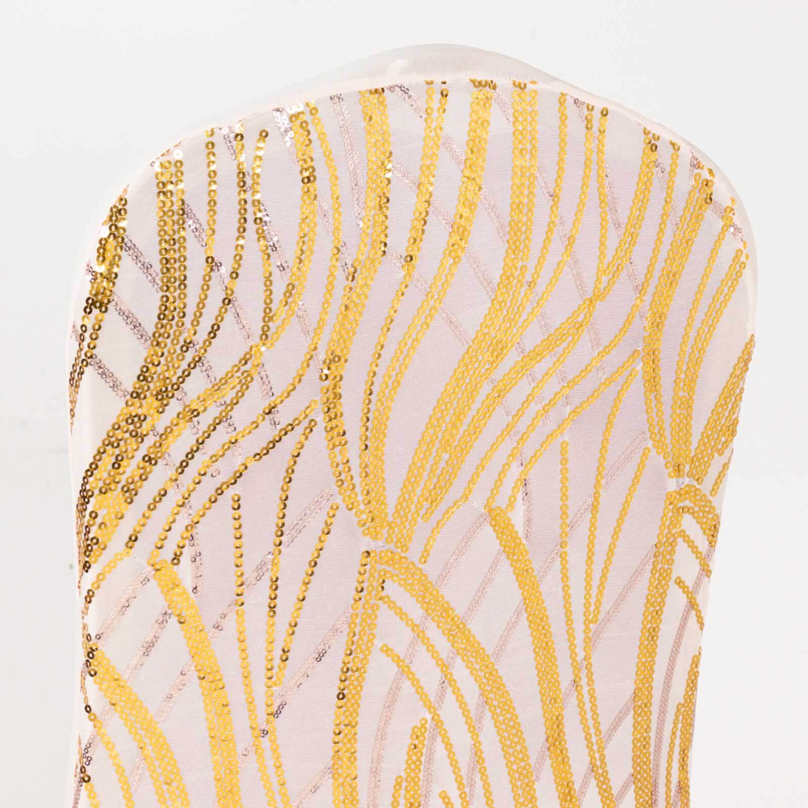 Spandex Stretch Banquet Chair Cover Rose Gold/Gold with Wave Embroidered Sequins - Fitted Slipcover - Image 2
