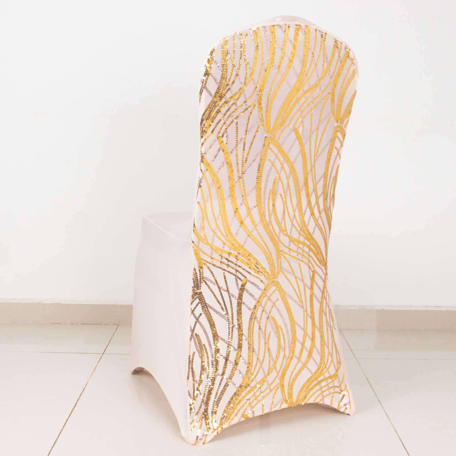 Spandex Stretch Banquet Chair Cover Rose Gold/Gold with Wave Embroidered Sequins - Fitted Slipcover - Image 3