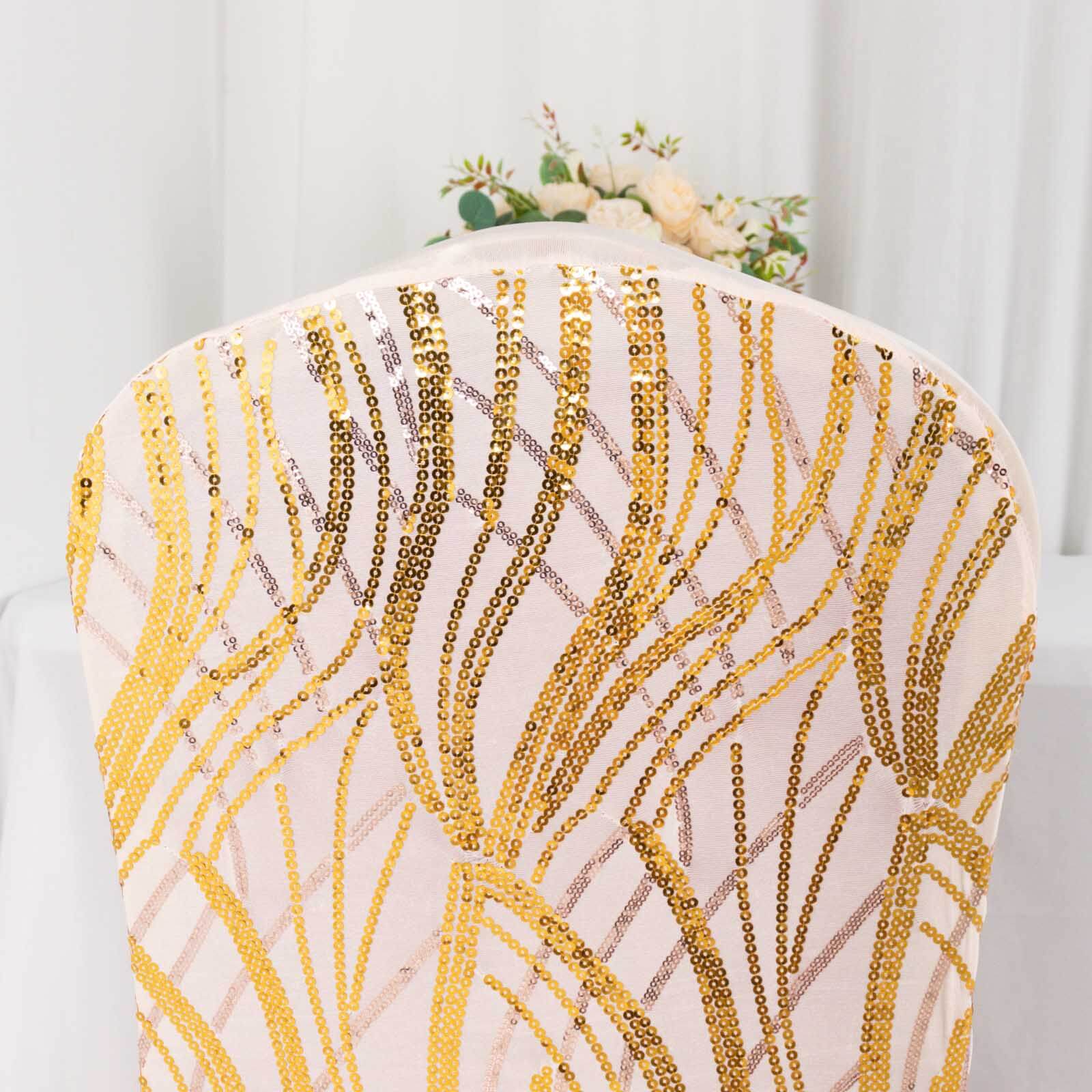 Spandex Stretch Banquet Chair Cover Rose Gold/Gold with Wave Embroidered Sequins - Fitted Slipcover - Image 6