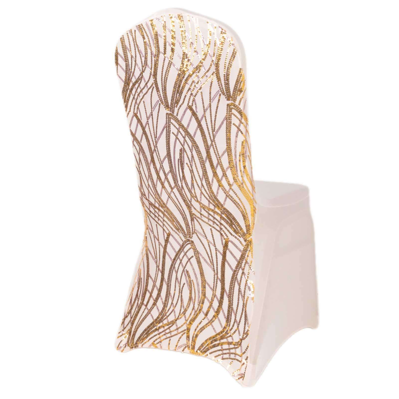 Spandex Stretch Banquet Chair Cover Rose Gold/Gold with Wave Embroidered Sequins - Fitted Slipcover - Image 8