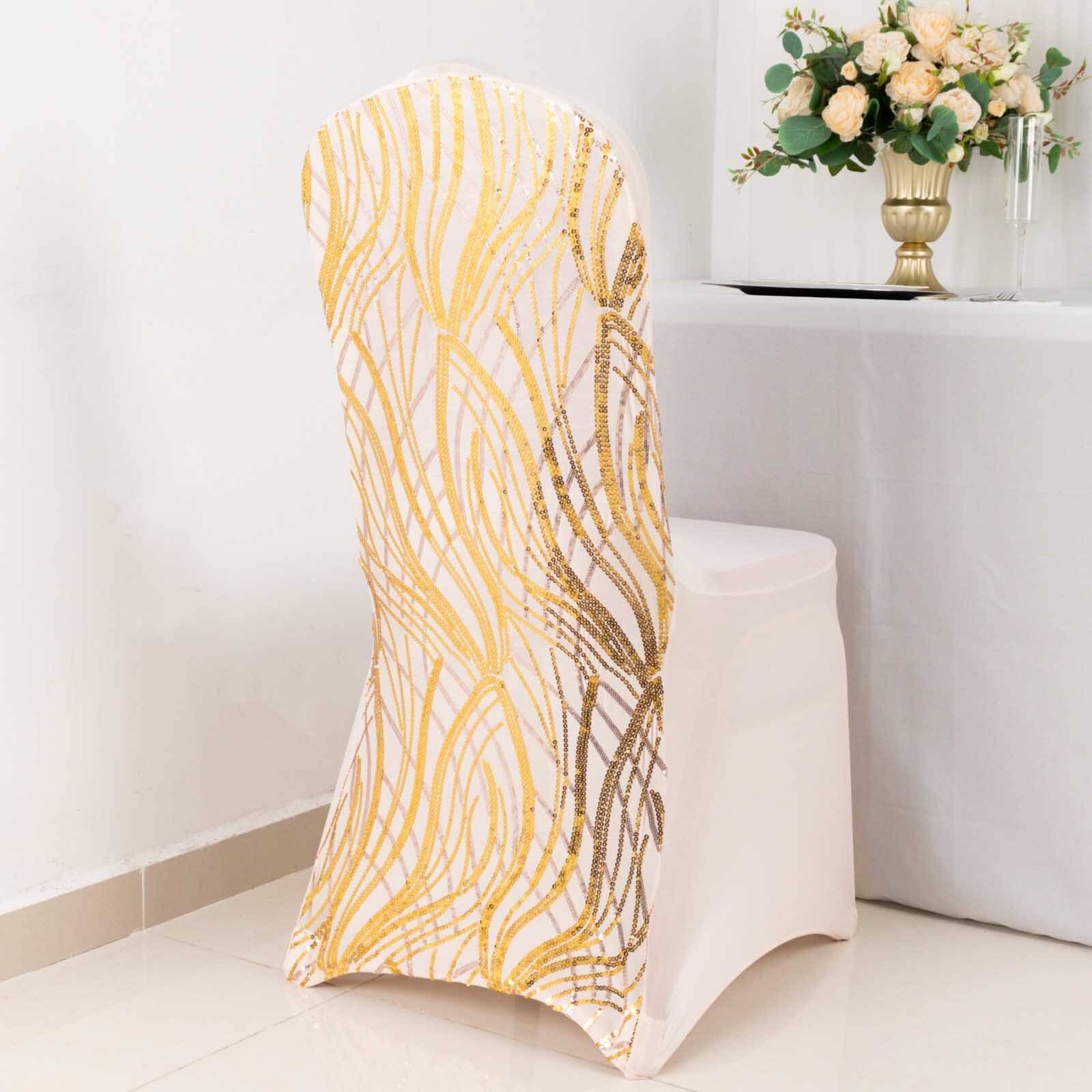 Spandex Stretch Banquet Chair Cover Rose Gold/Gold with Wave Embroidered Sequins - Fitted Slipcover - Image 9