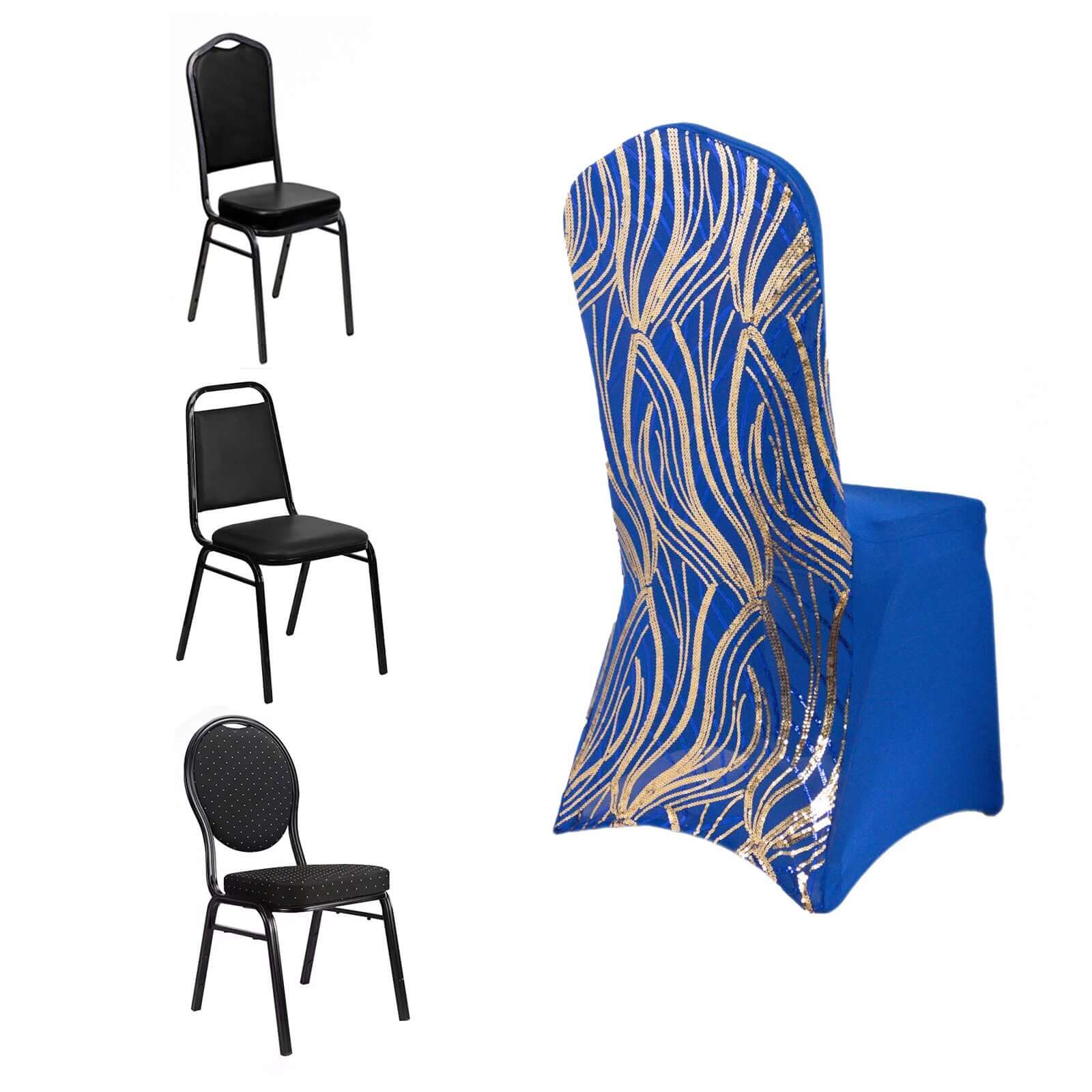 Spandex Stretch Banquet Chair Cover Royal Blue/Gold with Wave Embroidered Sequins - Fitted Slipcover - Image 11