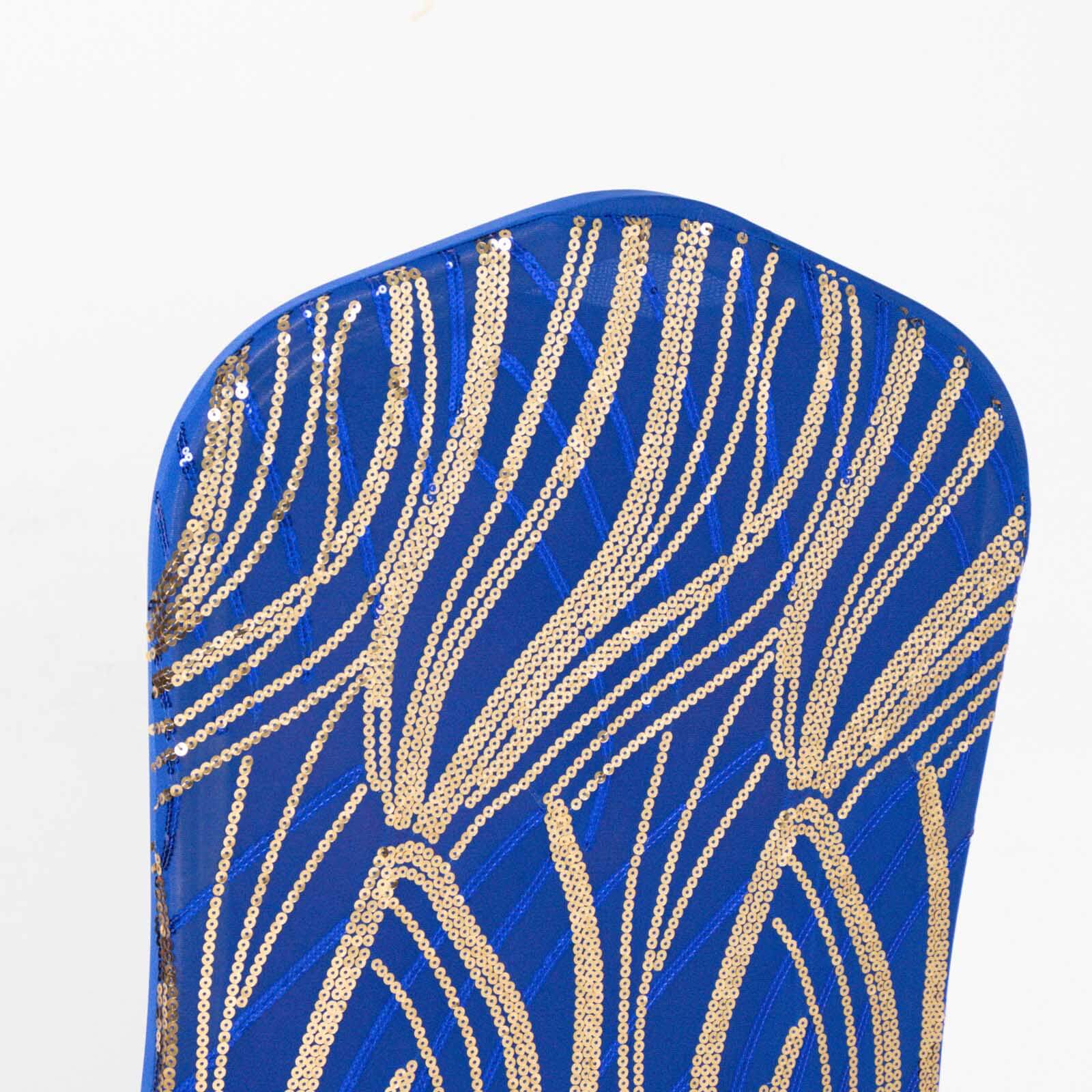 Spandex Stretch Banquet Chair Cover Royal Blue/Gold with Wave Embroidered Sequins - Fitted Slipcover - Image 2