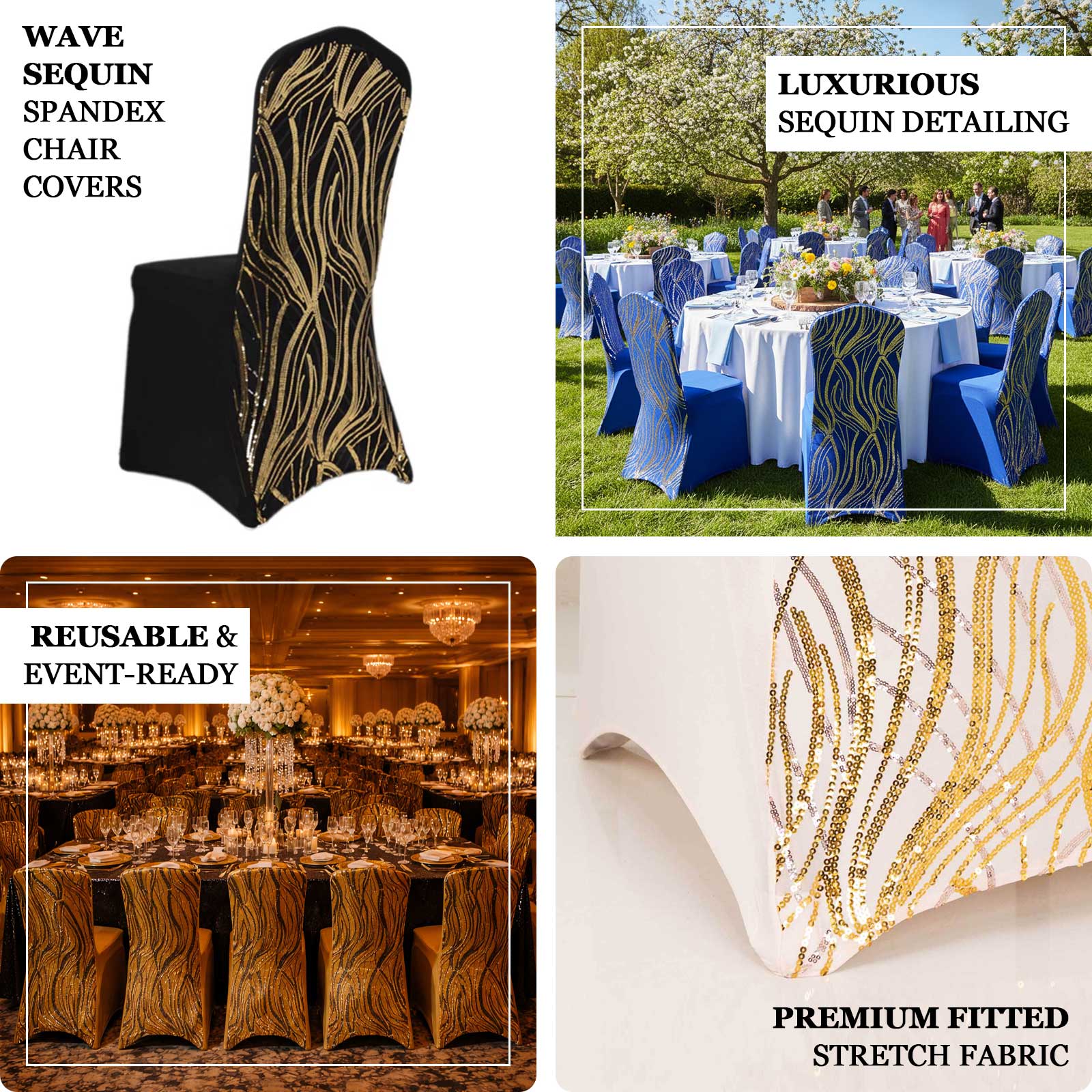 Spandex Stretch Banquet Chair Cover Royal Blue/Gold with Wave Embroidered Sequins - Fitted Slipcover - Image 4
