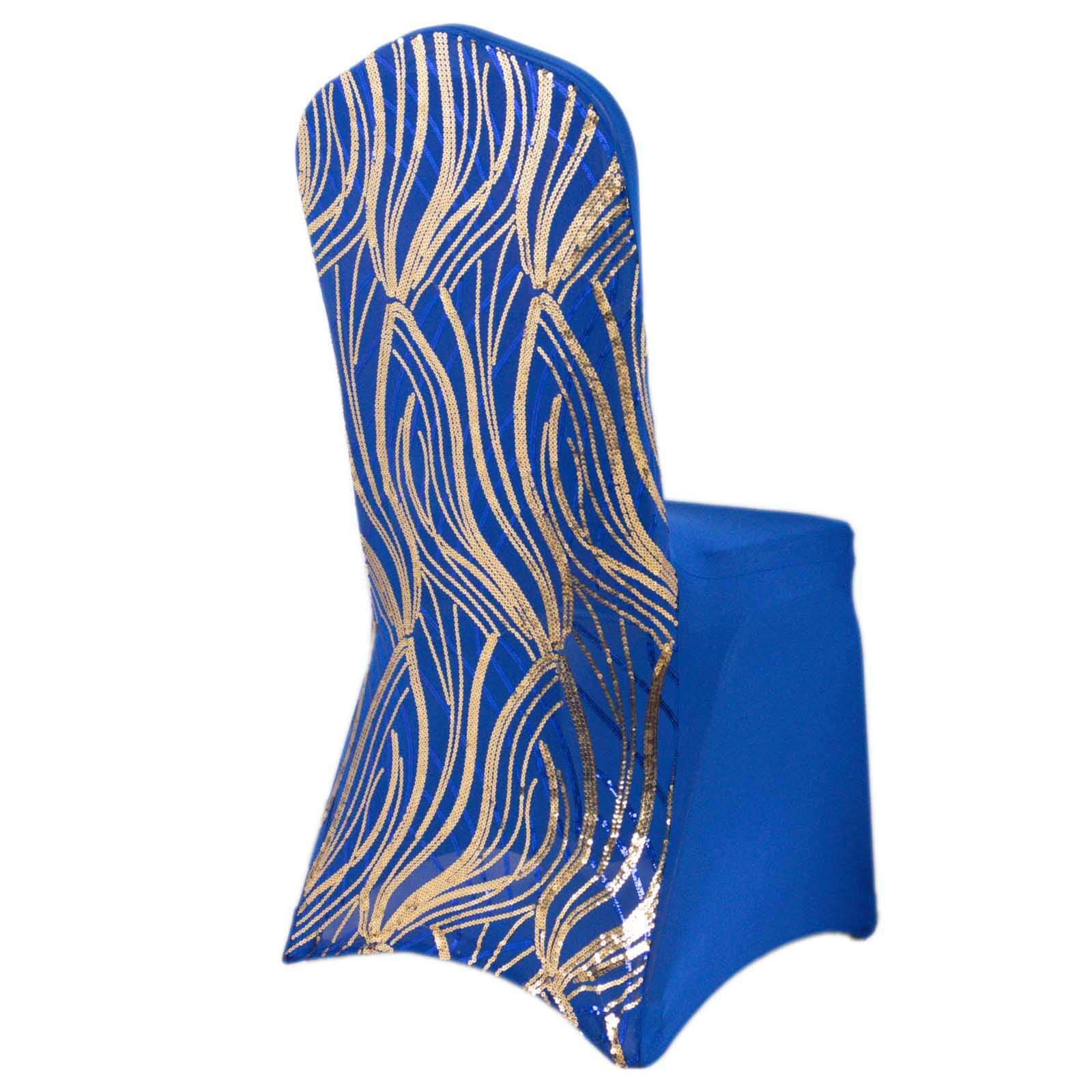 Spandex Stretch Banquet Chair Cover Royal Blue/Gold with Wave Embroidered Sequins - Fitted Slipcover - Image 7