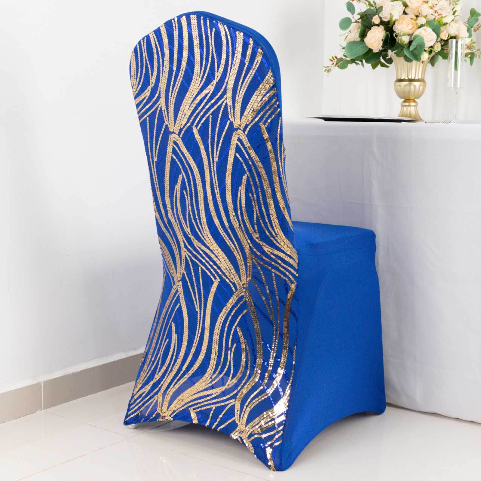 Spandex Stretch Banquet Chair Cover Royal Blue/Gold with Wave Embroidered Sequins - Fitted Slipcover - Image 8