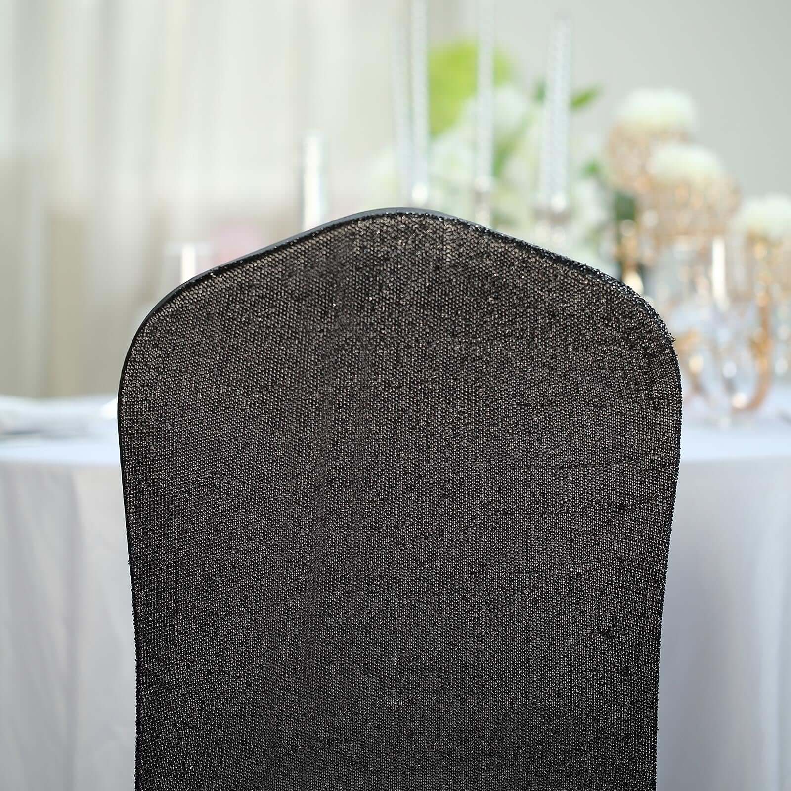 Spandex Stretch Banquet Chair Cover with Metallic Shimmer Tinsel Back Black - Fitted Slipcover - Image 6