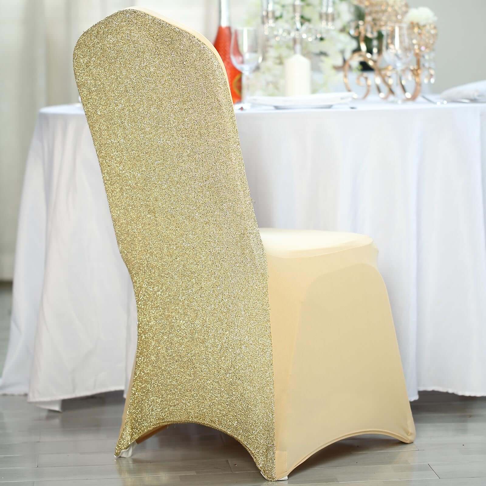 Spandex Stretch Banquet Chair Cover with Metallic Shimmer Tinsel Back Champagne - Fitted Slipcover - Image 2
