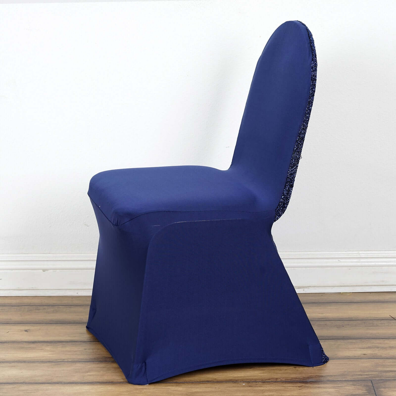 Spandex Stretch Banquet Chair Cover with Metallic Shimmer Tinsel Back Navy Blue - Fitted Slipcover - Image 6