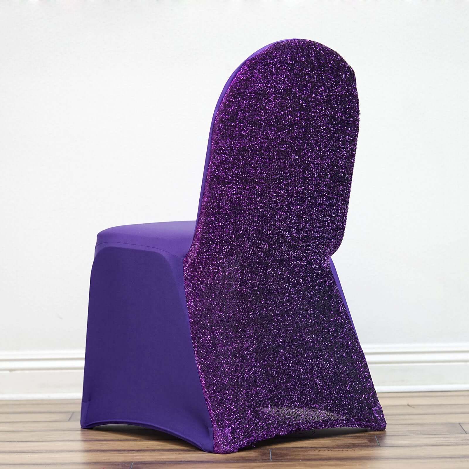 Spandex Stretch Banquet Chair Cover with Metallic Shimmer Tinsel Back Purple - Fitted Slipcover - Image 2