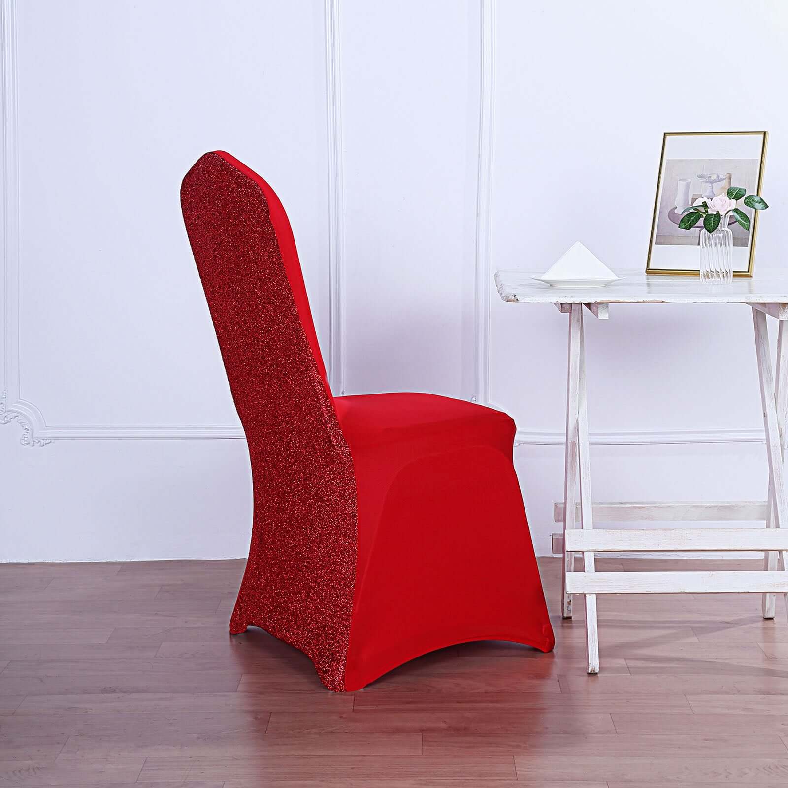 Spandex Stretch Banquet Chair Cover with Metallic Shimmer Tinsel Back Red - Fitted Slipcover - Image 8