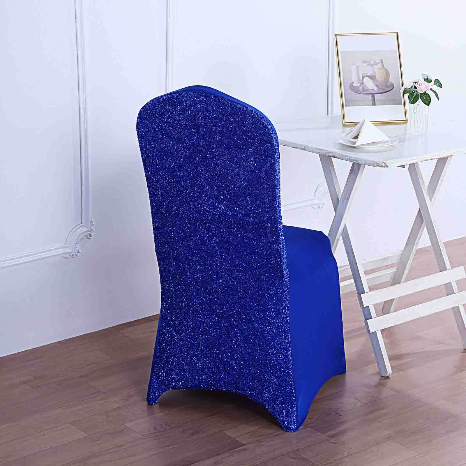 Spandex Stretch Banquet Chair Cover with Metallic Shimmer Tinsel Back Royal Blue - Fitted Slipcover - Image 2