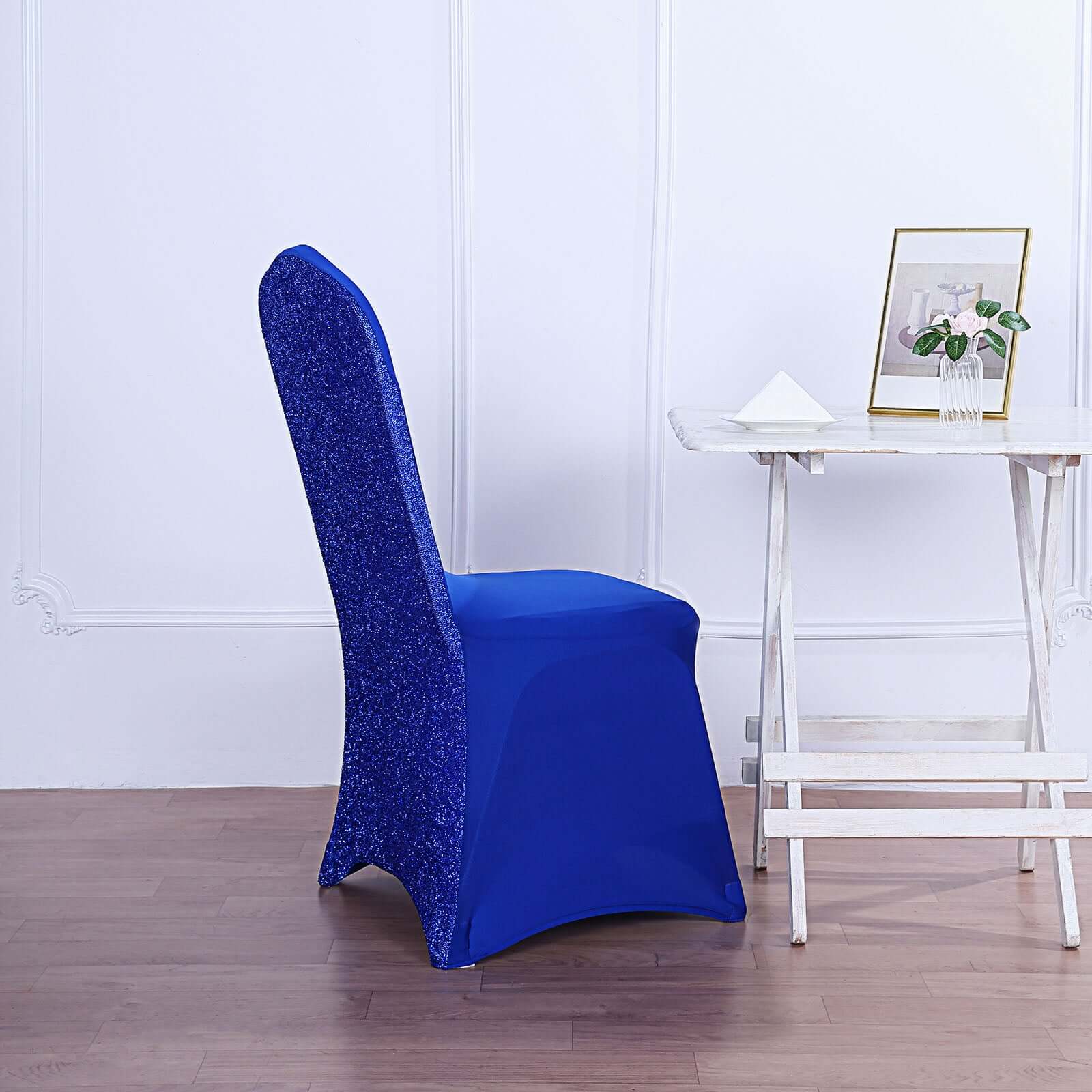 Spandex Stretch Banquet Chair Cover with Metallic Shimmer Tinsel Back Royal Blue - Fitted Slipcover - Image 8