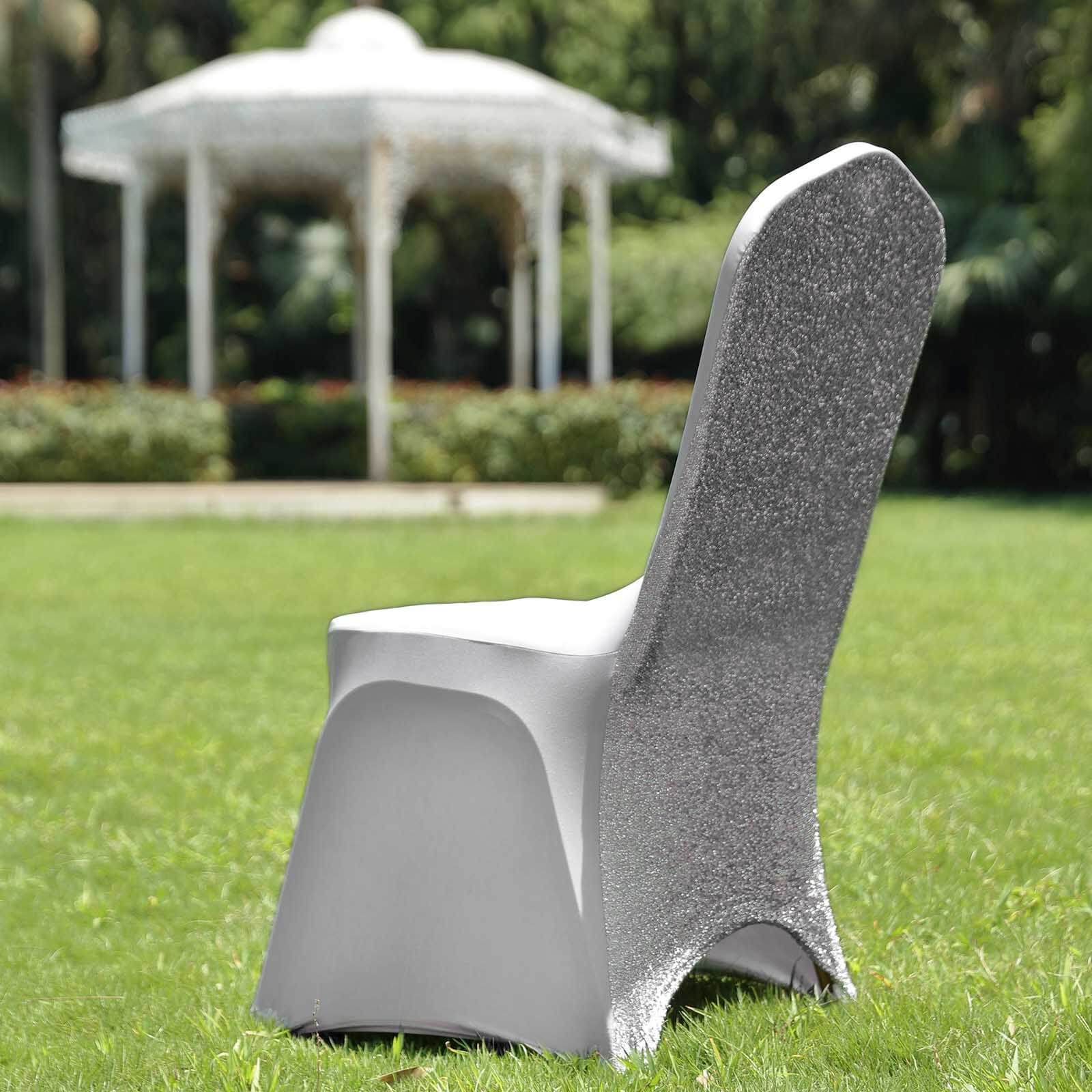 Spandex Stretch Banquet Chair Cover with Metallic Shimmer Tinsel Back Silver - Fitted Slipcover - Image 2