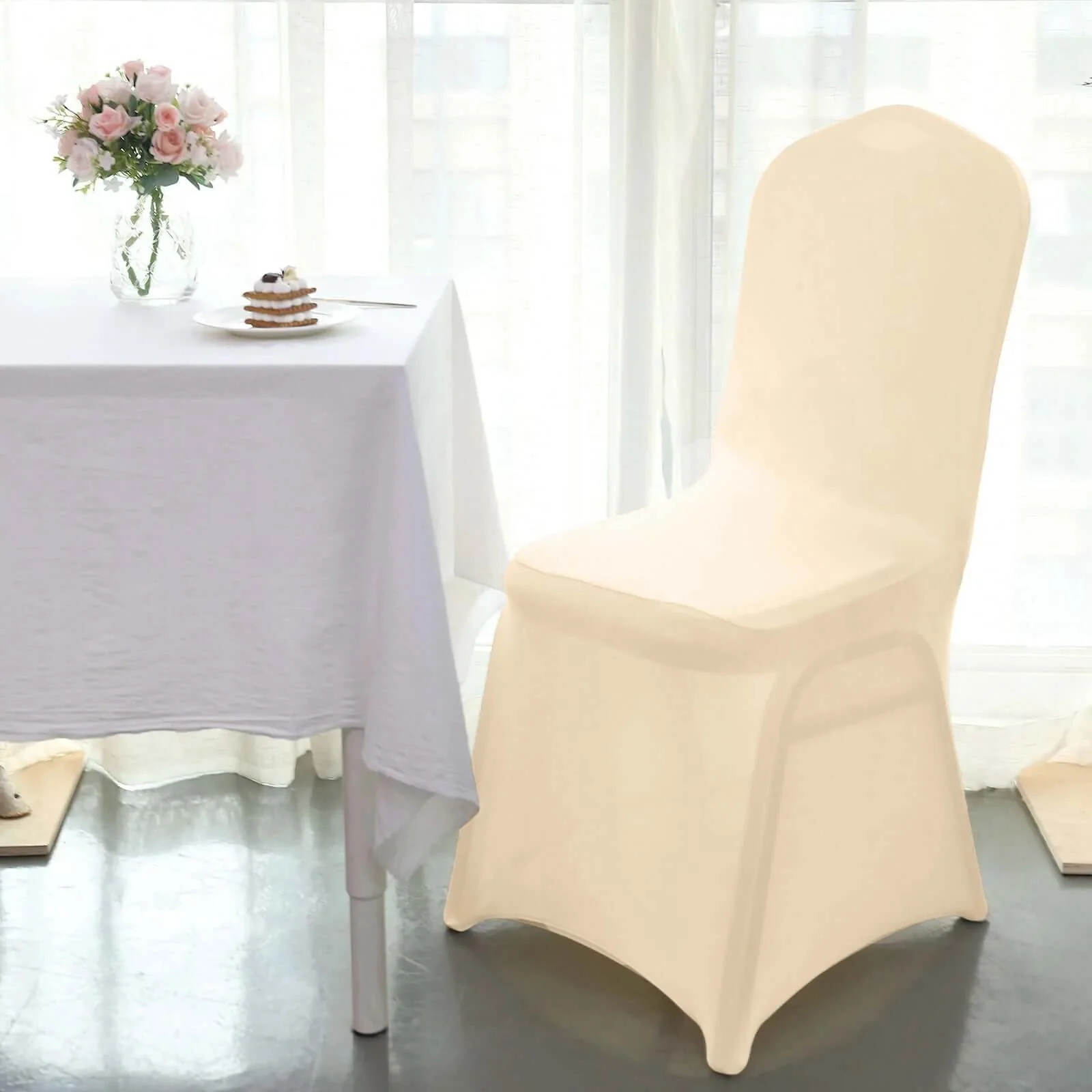 Spandex Stretch Fitted Banquet Chair Cover 160GSM Beige - Durable Slip-On Slipcover - Image 8