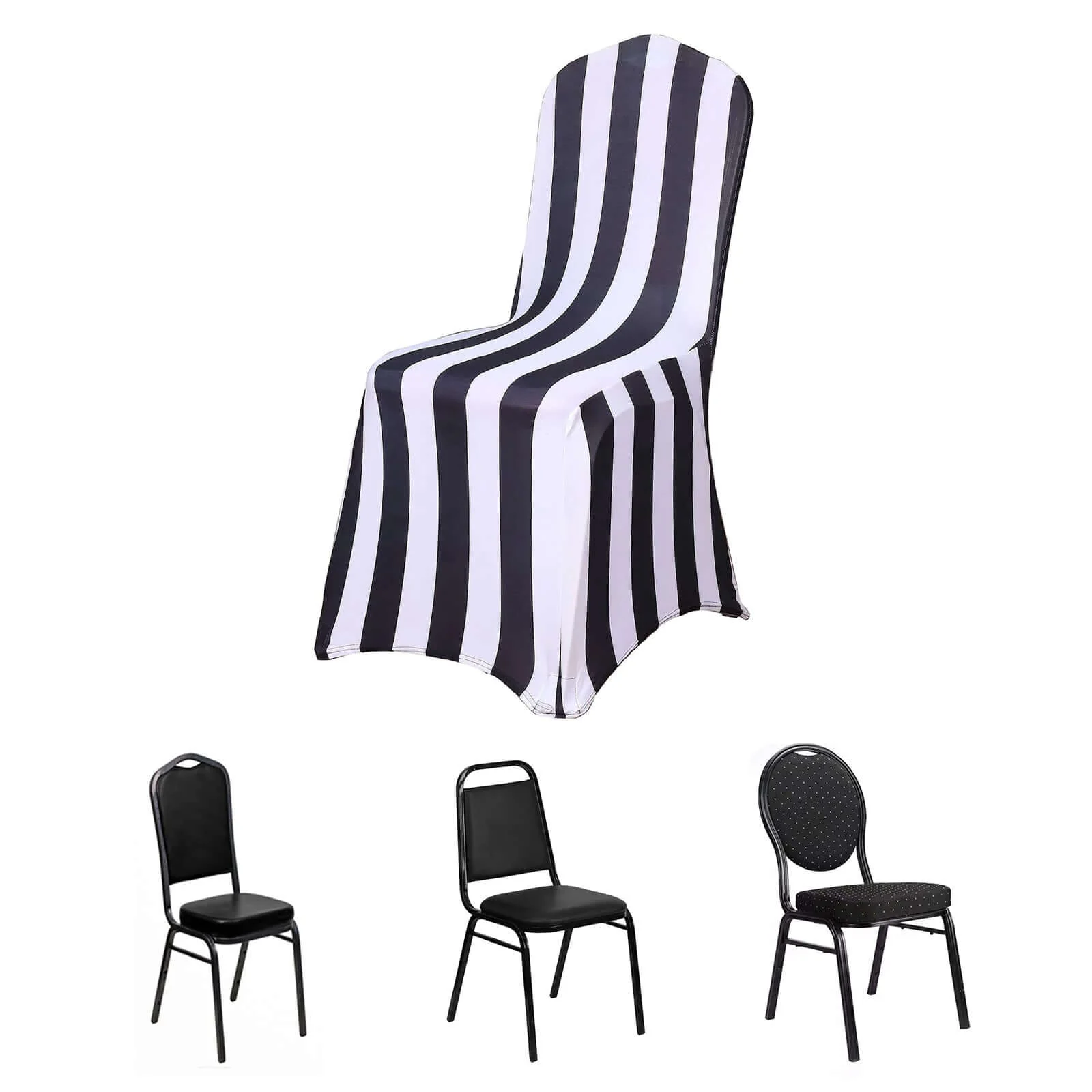 Spandex Stretch Fitted Banquet Chair Cover 160GSM Black/White 2" Stripes with Foot Pockets - Stylish Modern Slipcover for Events