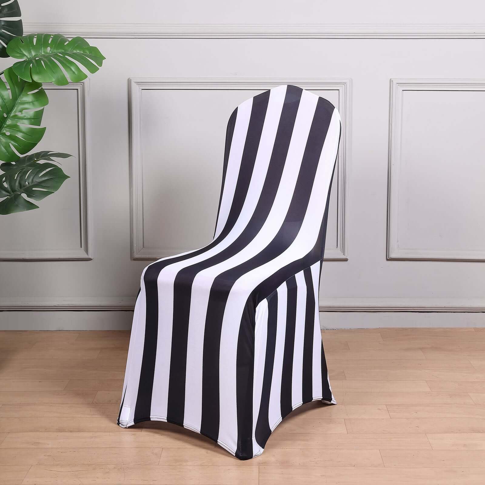 Spandex Stretch Fitted Banquet Chair Cover 160GSM Black/White 2" Stripes with Foot Pockets - Stylish Modern Slipcover for Events - Image 2