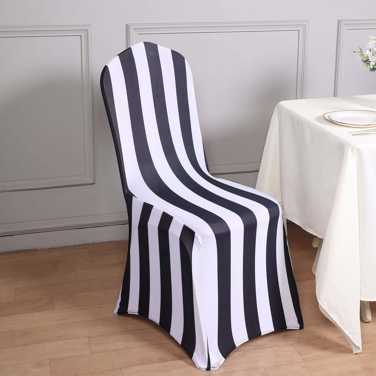 Spandex Stretch Fitted Banquet Chair Cover 160GSM Black/White 2" Stripes with Foot Pockets - Stylish Modern Slipcover for Events - Image 4