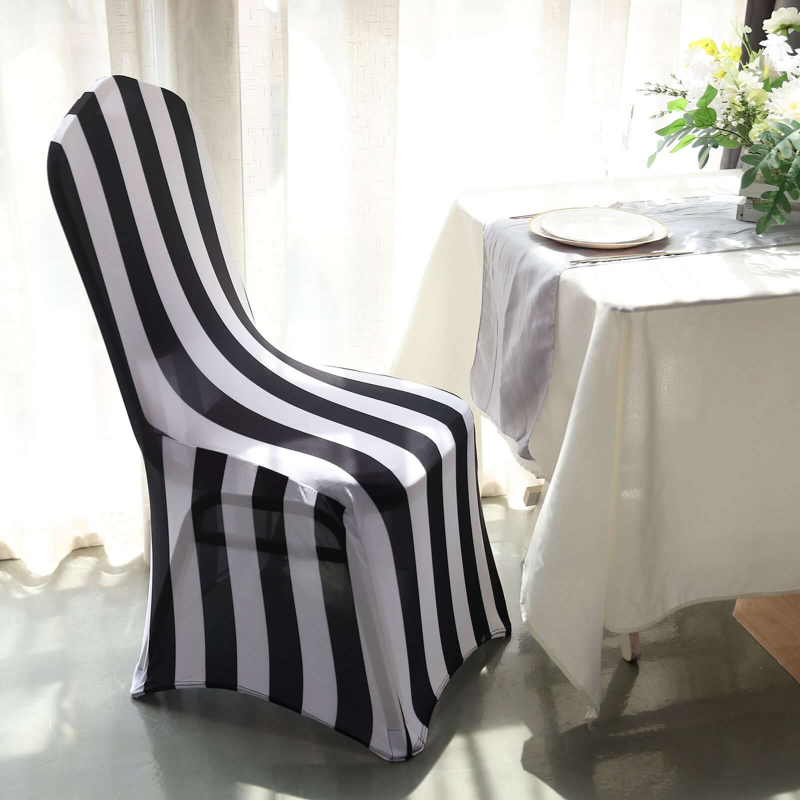 Spandex Stretch Fitted Banquet Chair Cover 160GSM Black/White 2" Stripes with Foot Pockets - Stylish Modern Slipcover for Events - Image 7