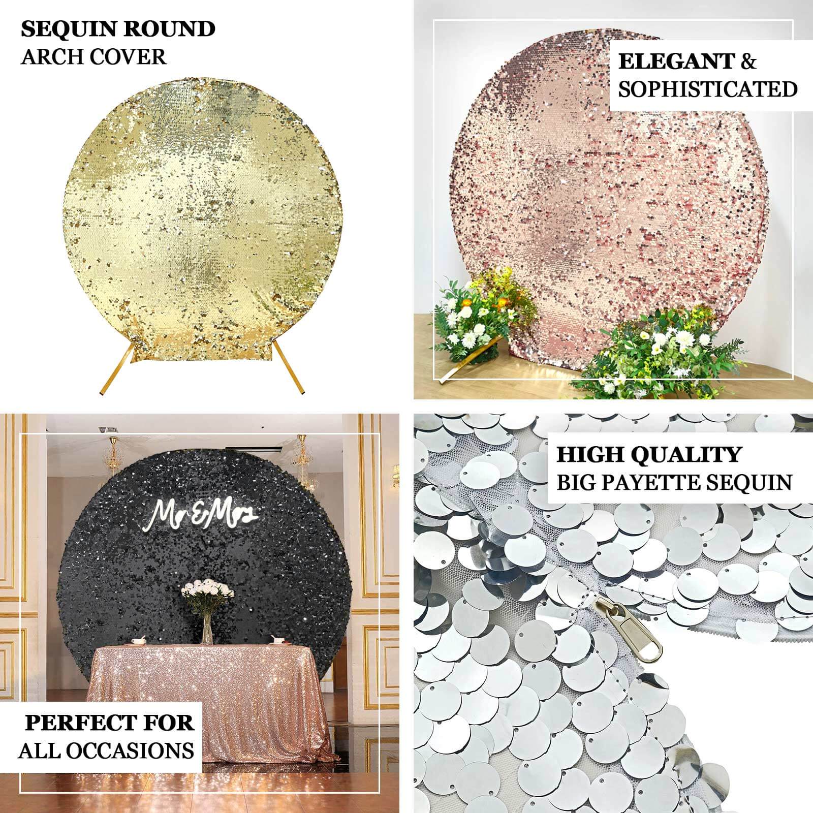 Sparkly Black Big Payette Sequin Backdrop Stand Cover for Round Wedding Arch - 7.5ft - Image 4