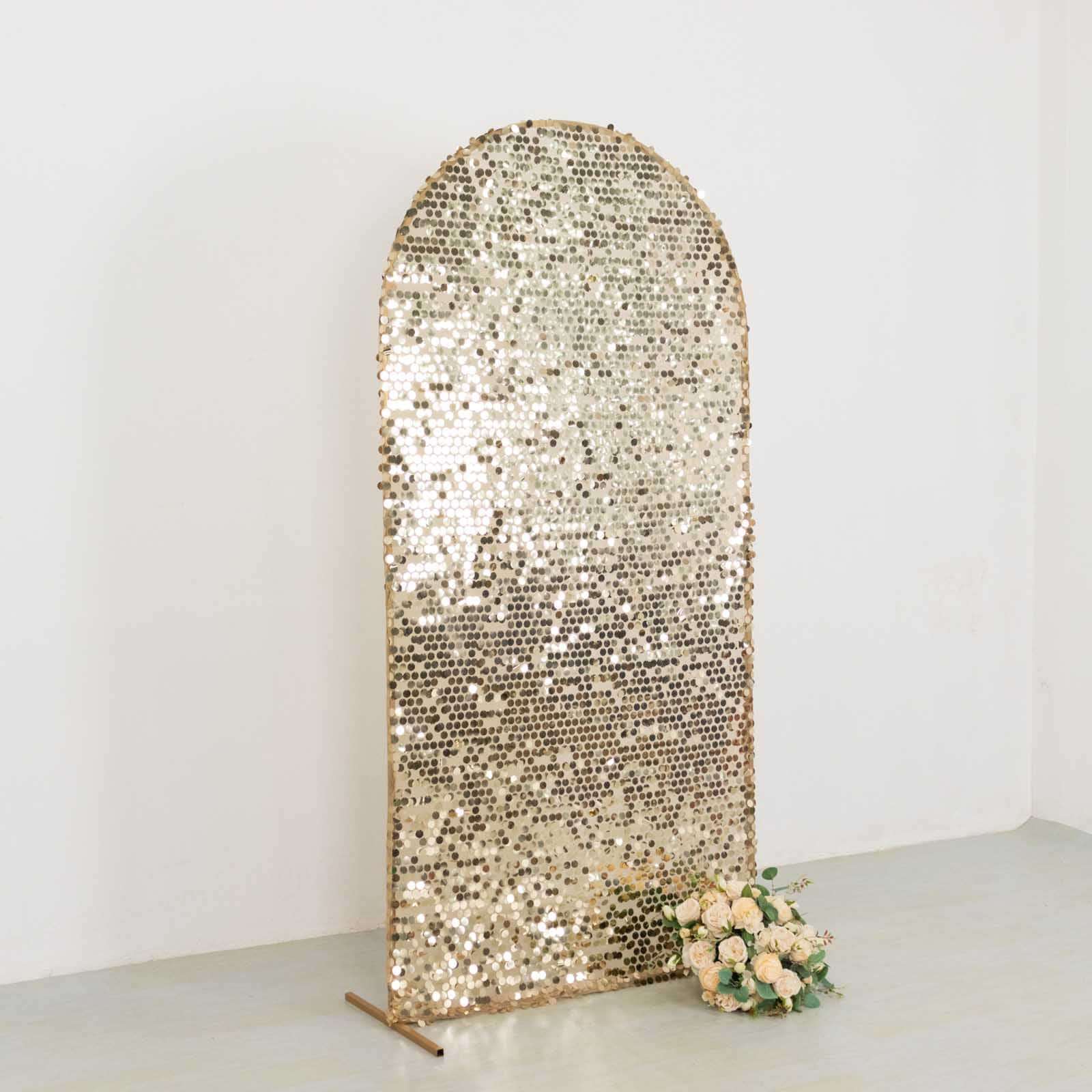 Sparkly Champagne Big Payette Sequin Fitted Chiara Backdrop Stand Cover for Round Top Wedding Arch - 7ft - Image 2