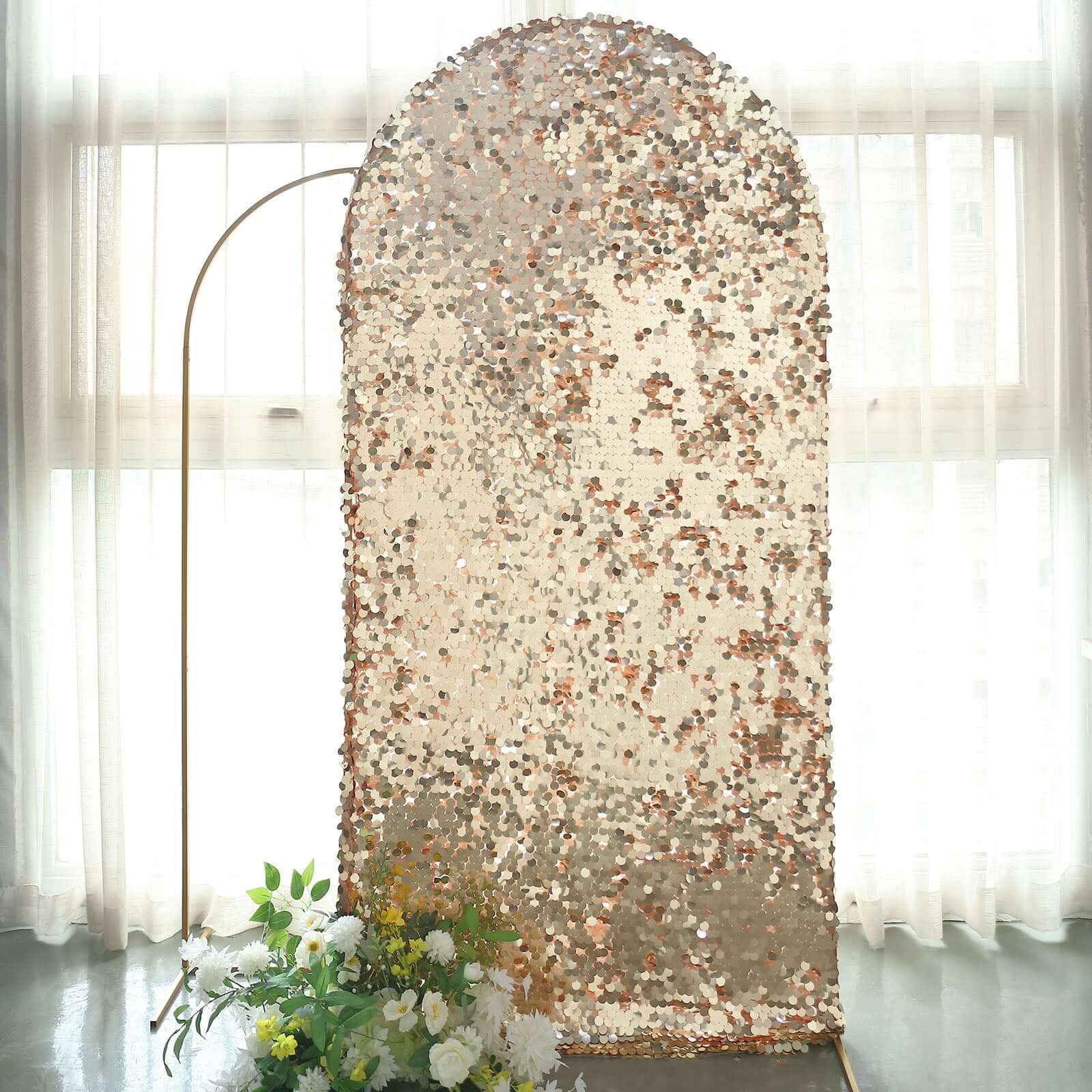 Sparkly Champagne Double Sided Big Payette Sequin Fitted Wedding Arch Cover For Round Top Chiara Backdrop Stand 7ft - Image 5
