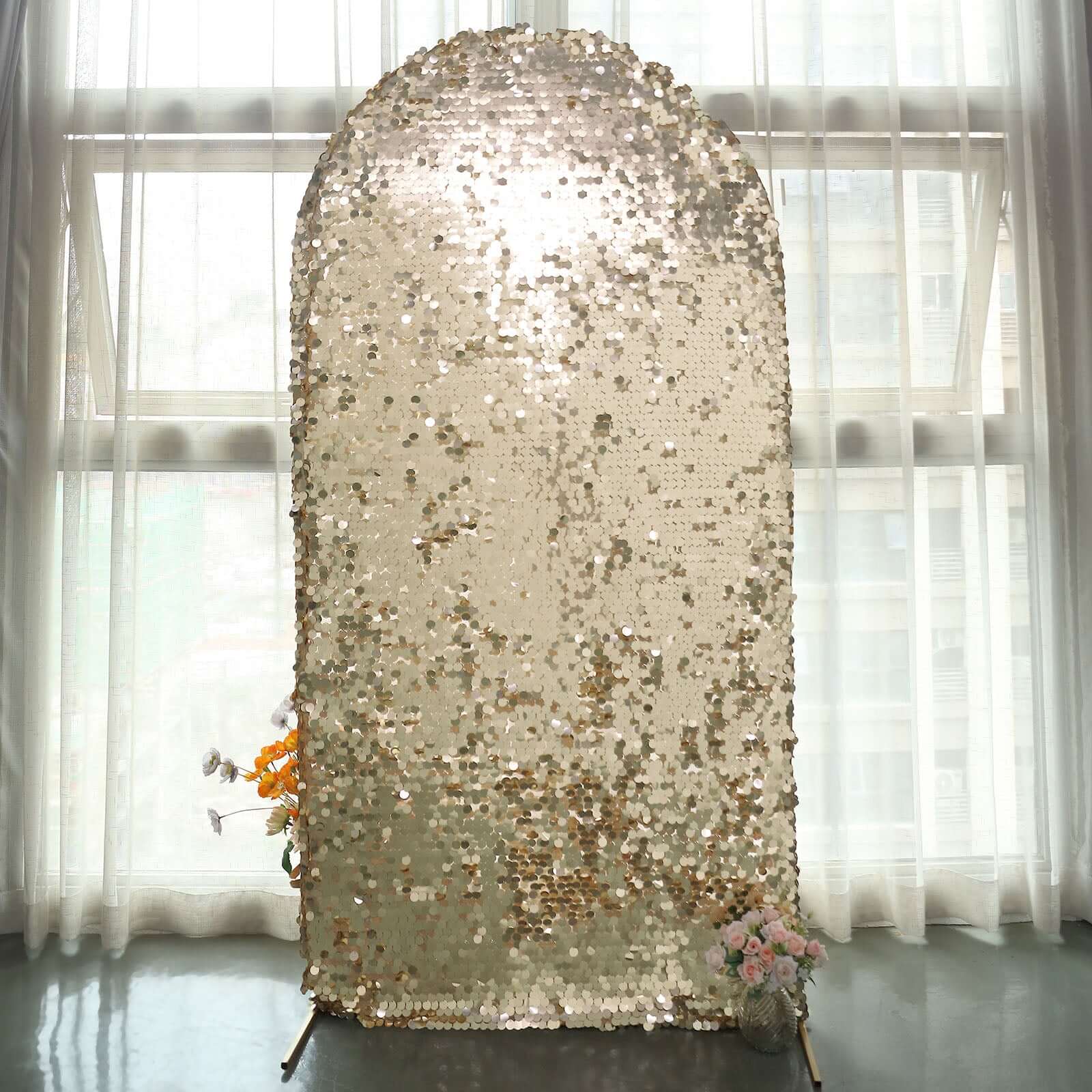 Sparkly Champagne Double Sided Big Payette Sequin Fitted Wedding Arch Cover For Round Top Chiara Backdrop Stand 7ft - Image 7