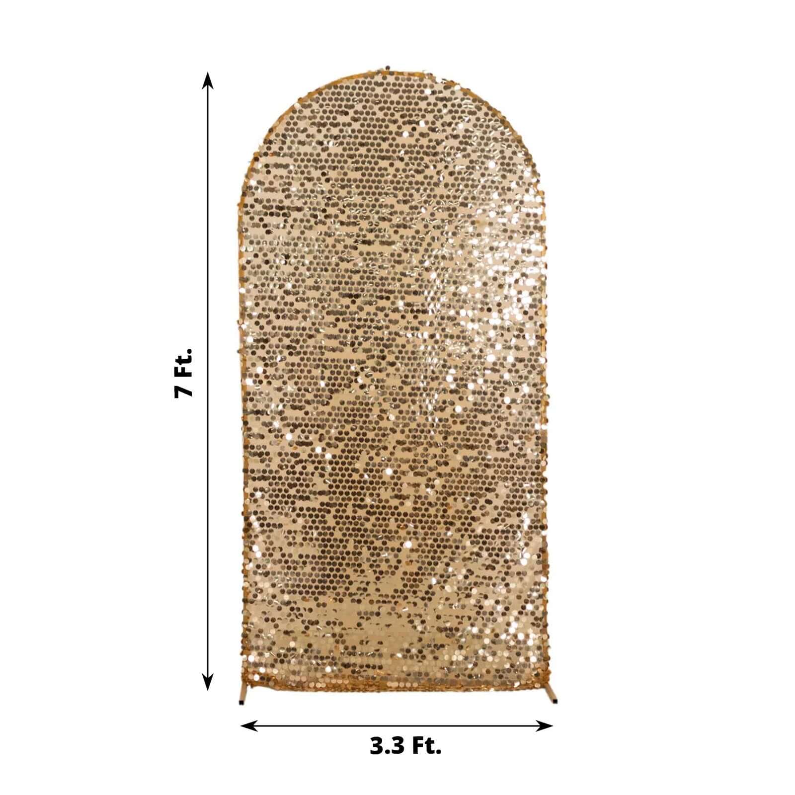 Sparkly Gold Big Payette Sequin Fitted Chiara Backdrop Stand Cover for Round Top Wedding Arch - 7ft - Image 3