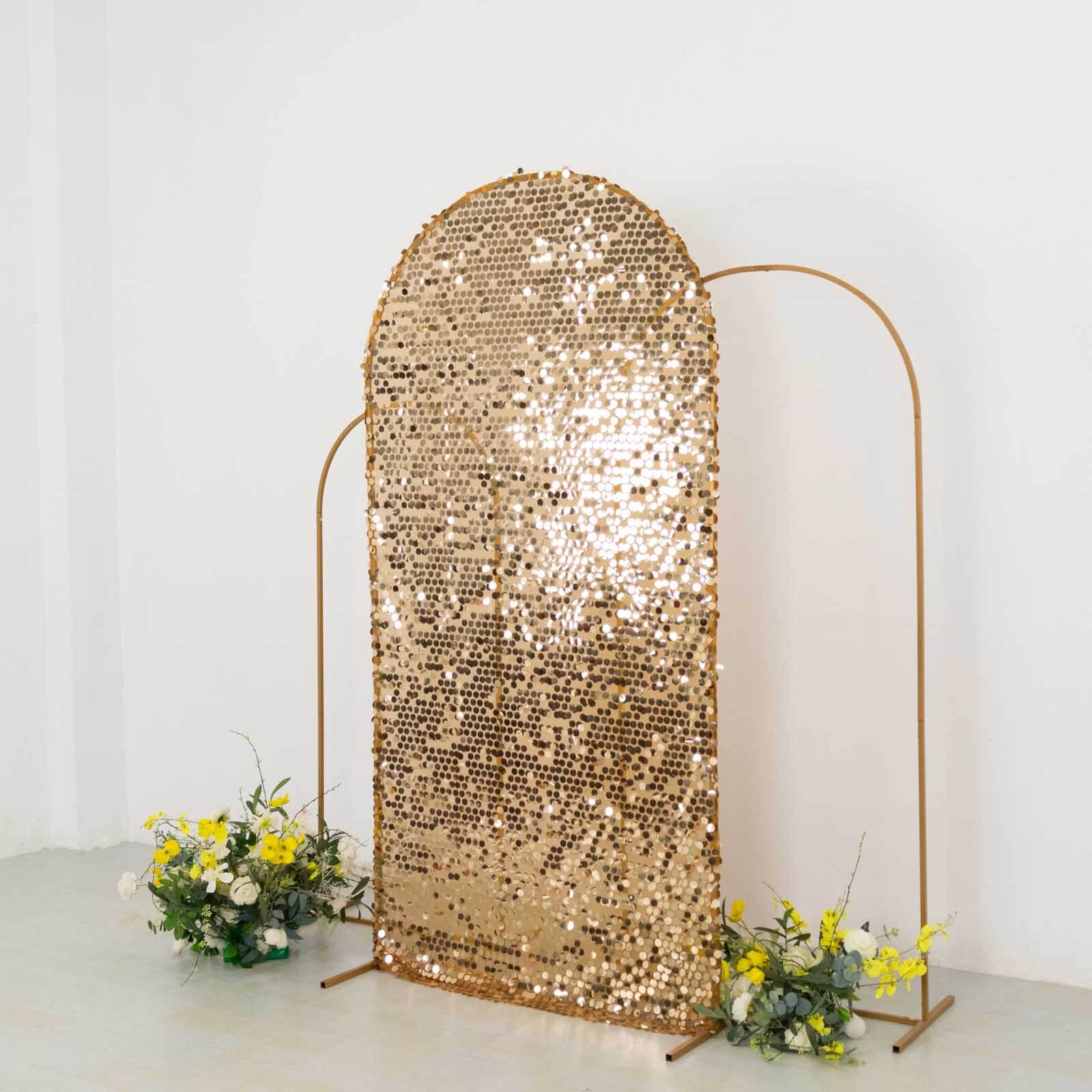 Sparkly Gold Big Payette Sequin Fitted Chiara Backdrop Stand Cover for Round Top Wedding Arch - 7ft - Image 4